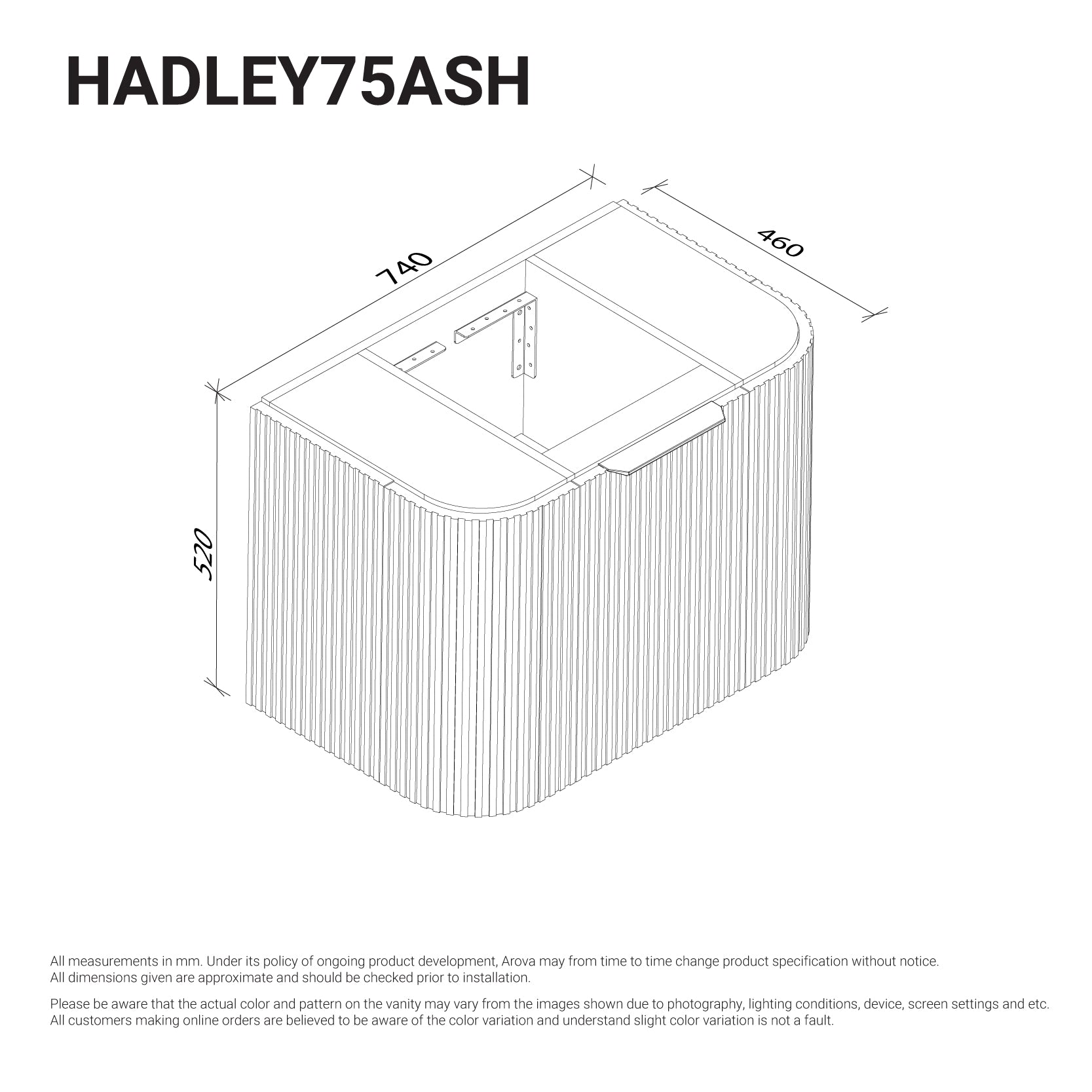 Hadley 750mm Curved Fluted Wall Hung Vanity Timber Veneer Vanities Arova 