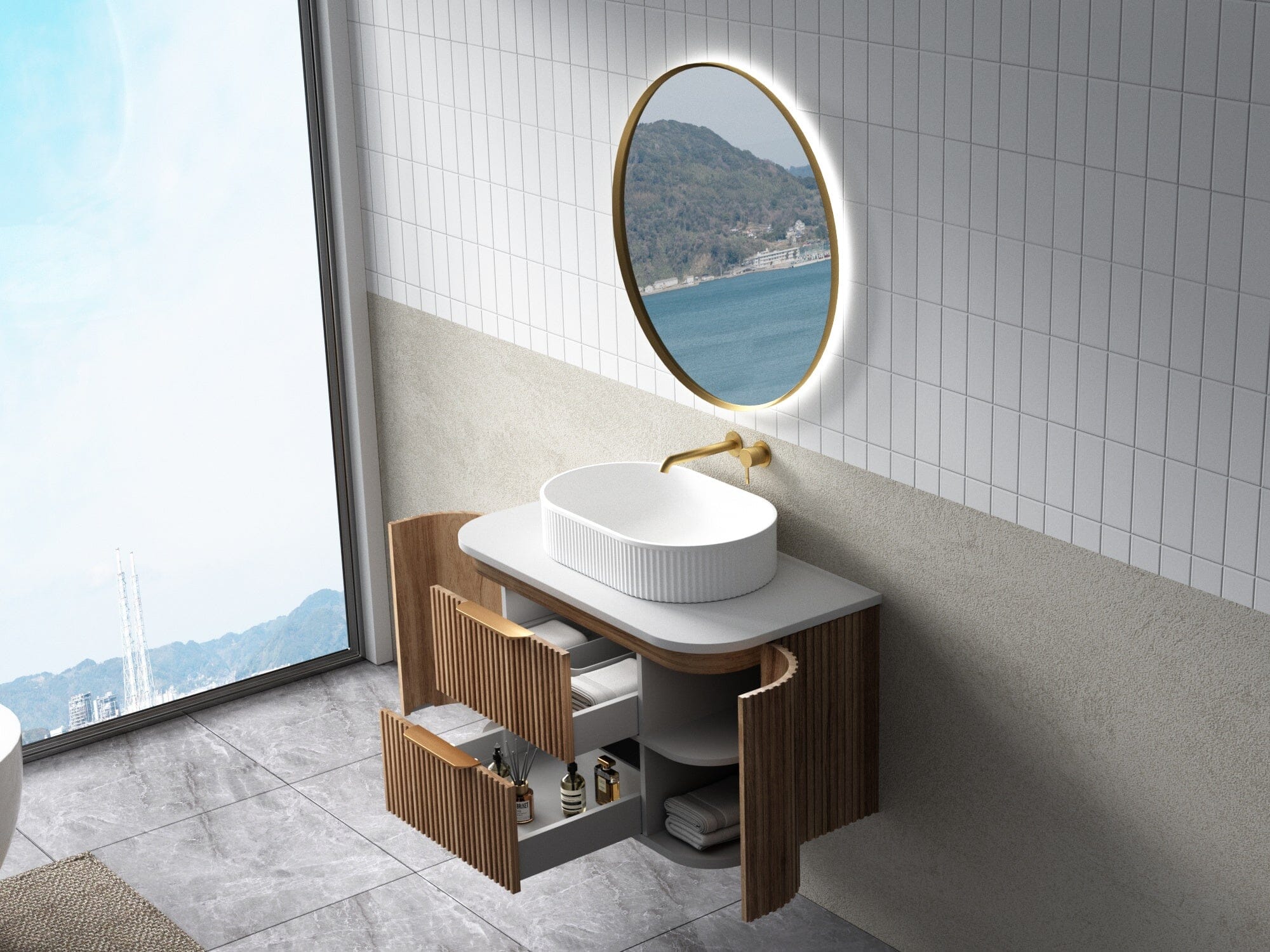 Hadley 900mm Curved Fluted Wall Hung Vanity Timber Veneer + Luxe Stone Top Arova 