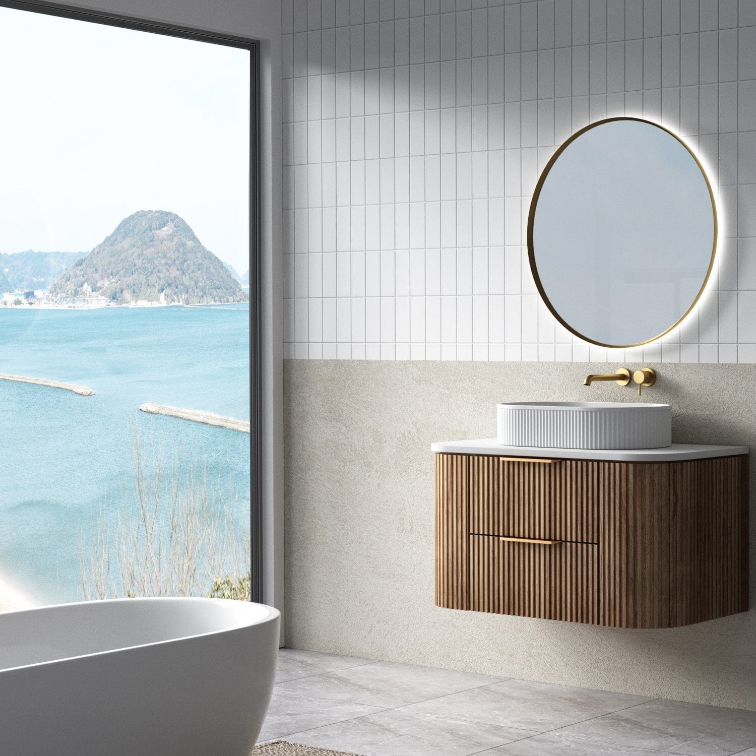 Hadley 900mm Curved Fluted Wall Hung Vanity Timber Veneer + Luxe Stone Top Arova 