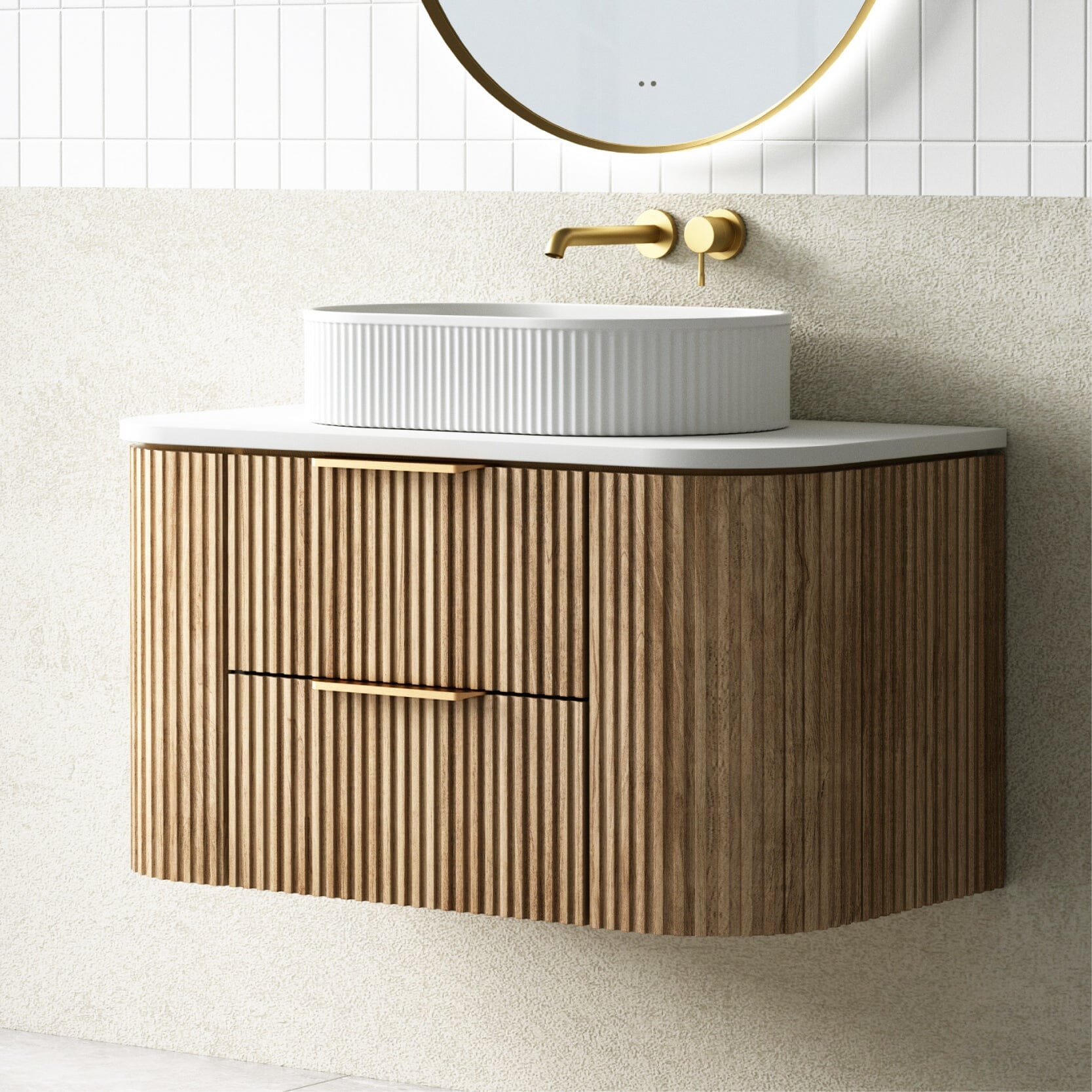 Hadley 900mm Curved Fluted Wall Hung Vanity Timber Veneer Vanities Arova 