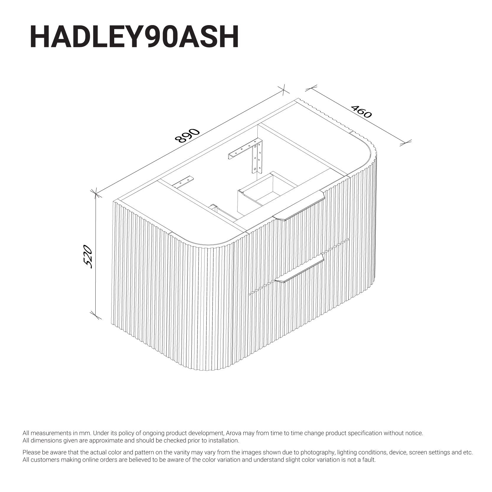 Hadley 900mm Curved Fluted Wall Hung Vanity Timber Veneer Vanities Arova 