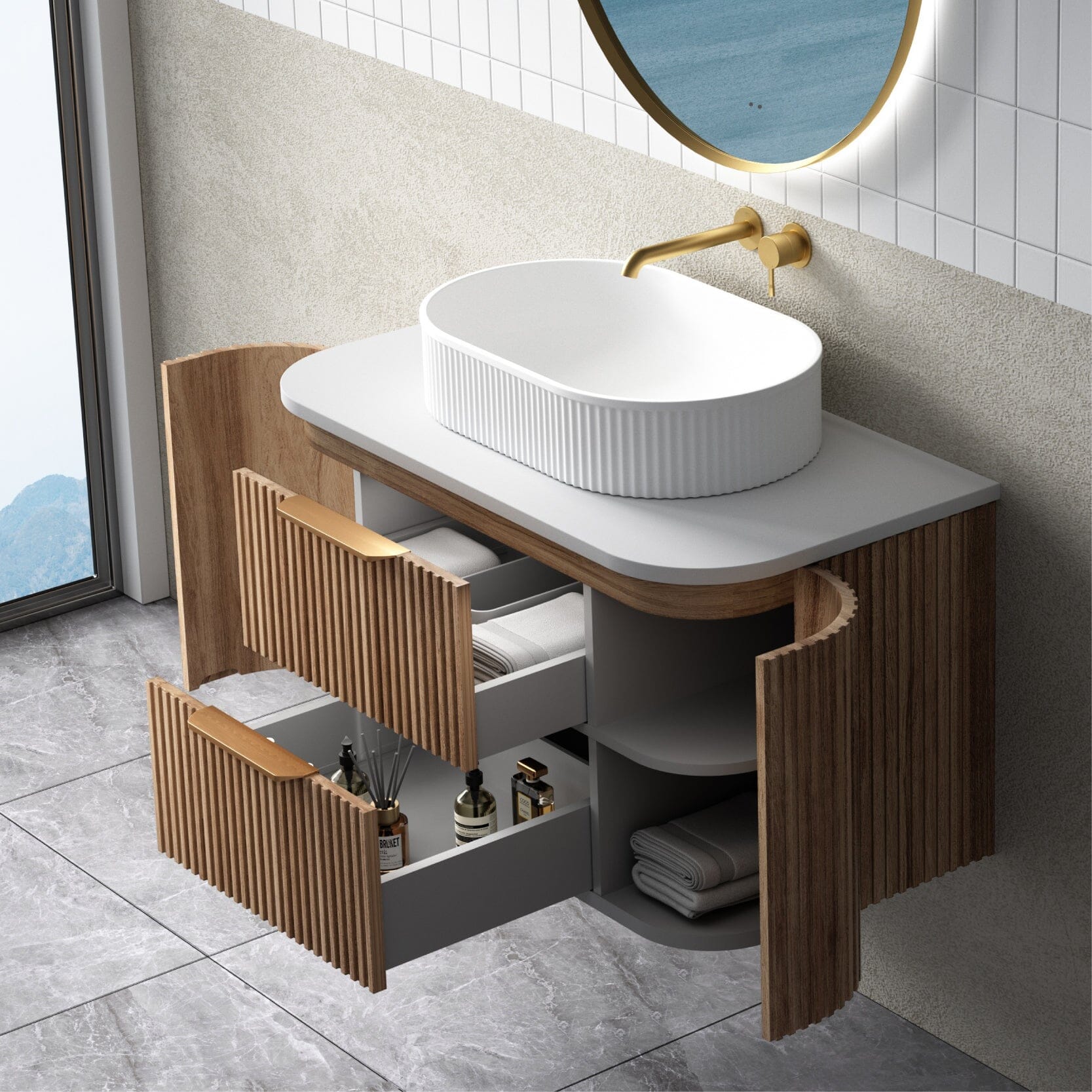 Hadley 900mm Curved Fluted Wall Hung Vanity Timber Veneer Vanities Arova 