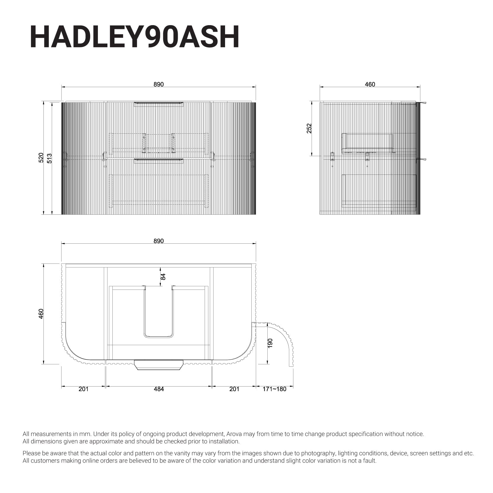 Hadley 900mm Curved Fluted Wall Hung Vanity Timber Veneer Vanities Arova 