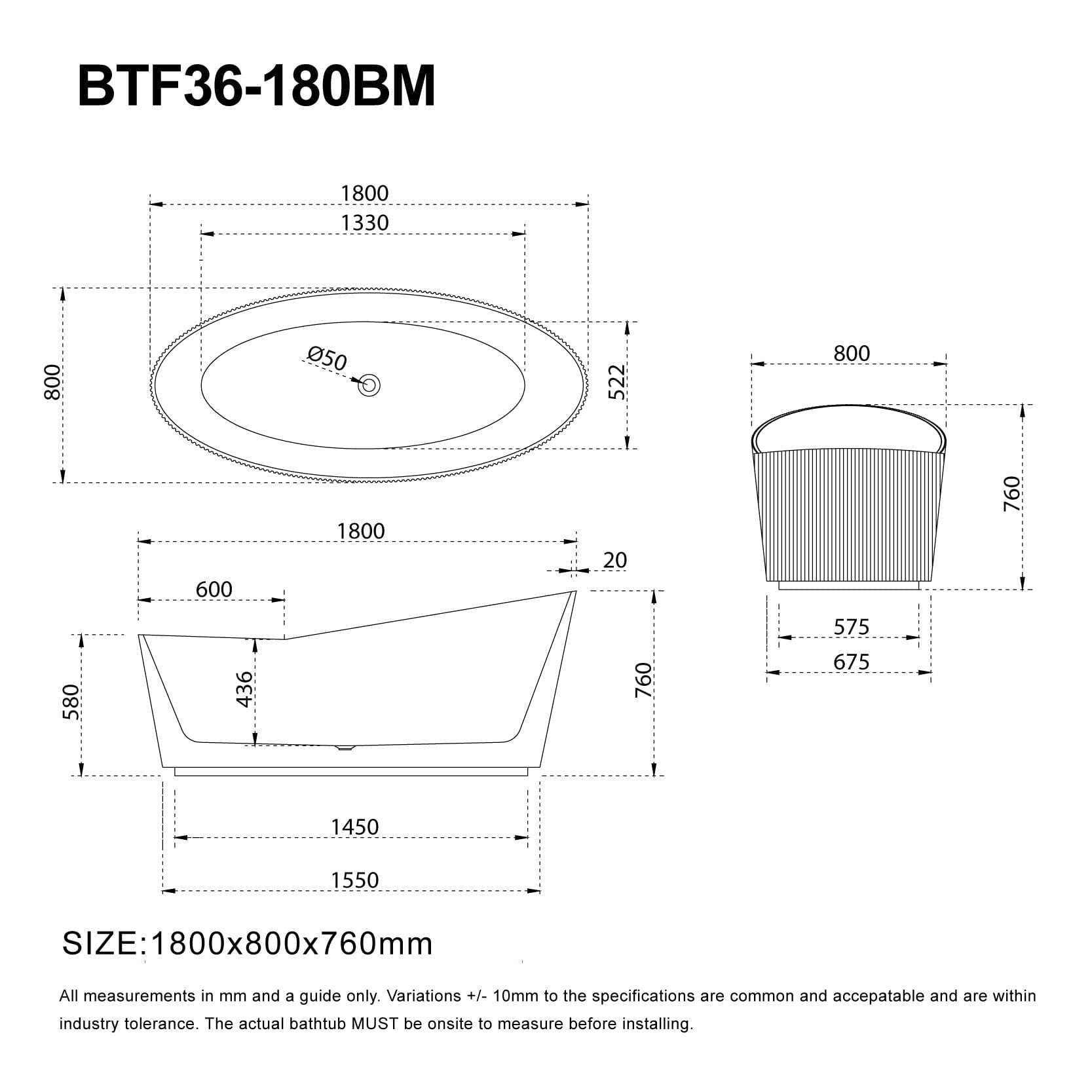 Helena 1800mm V-Groove Fluted Large Free Standing Bathtub Matte Black Baths AROVA 