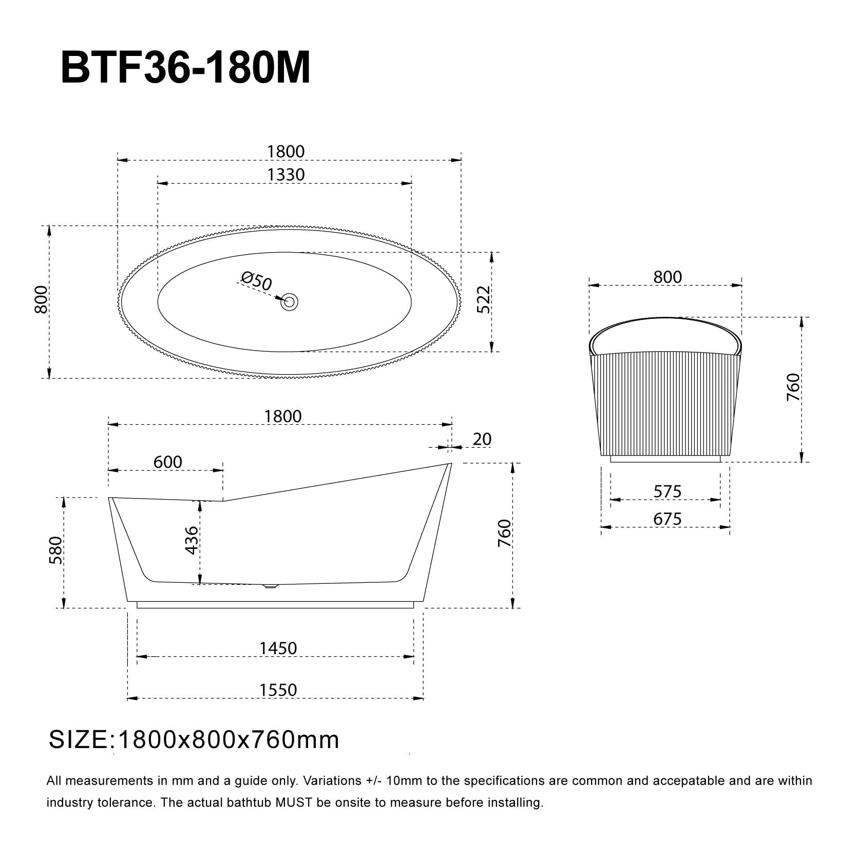 Helena 1800mm V-Groove Fluted Large Free Standing Bathtub Matte White Baths AROVA 