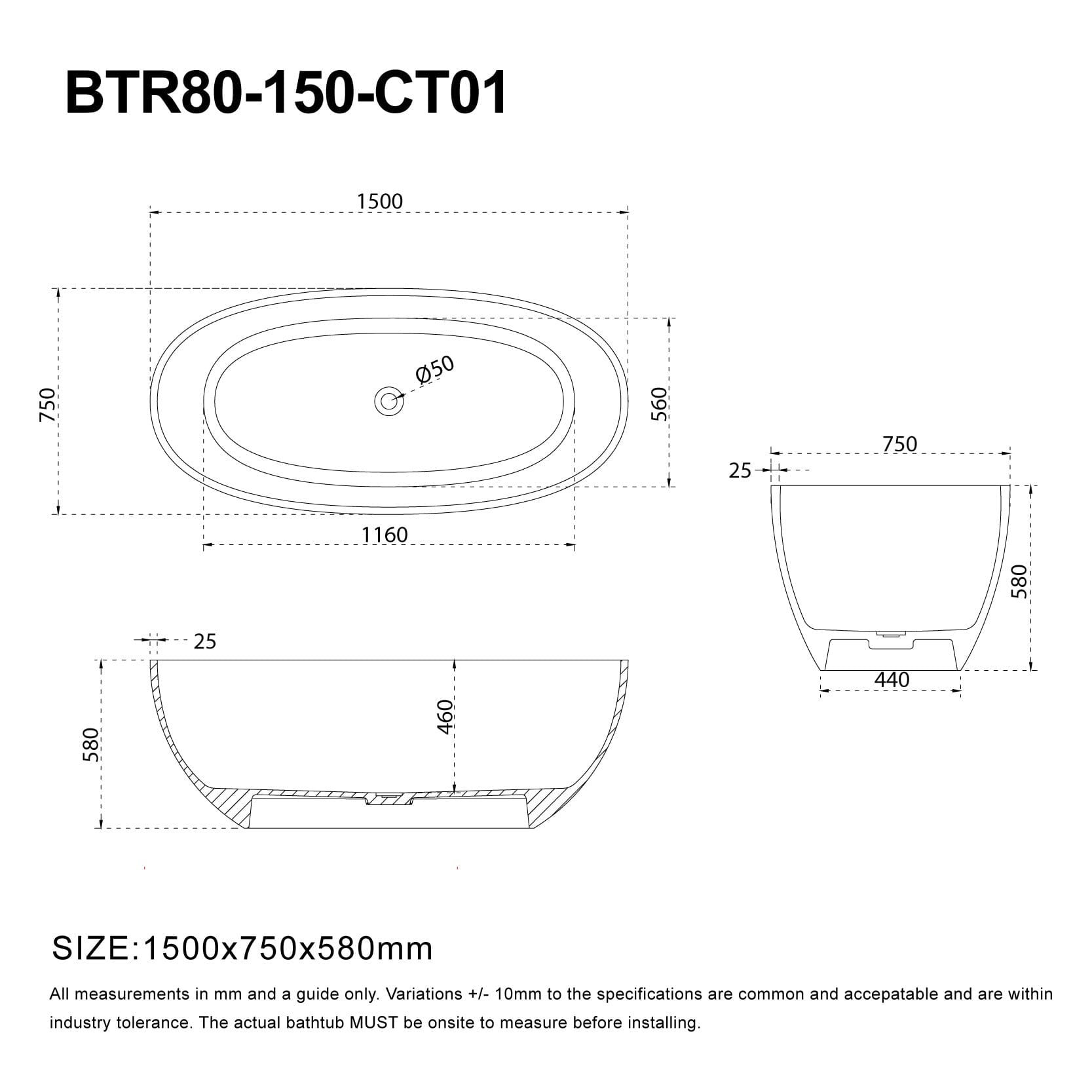 JULE 1500mm Transparent Oval Freestanding Bathtub Black (CT01) Baths AROVA 