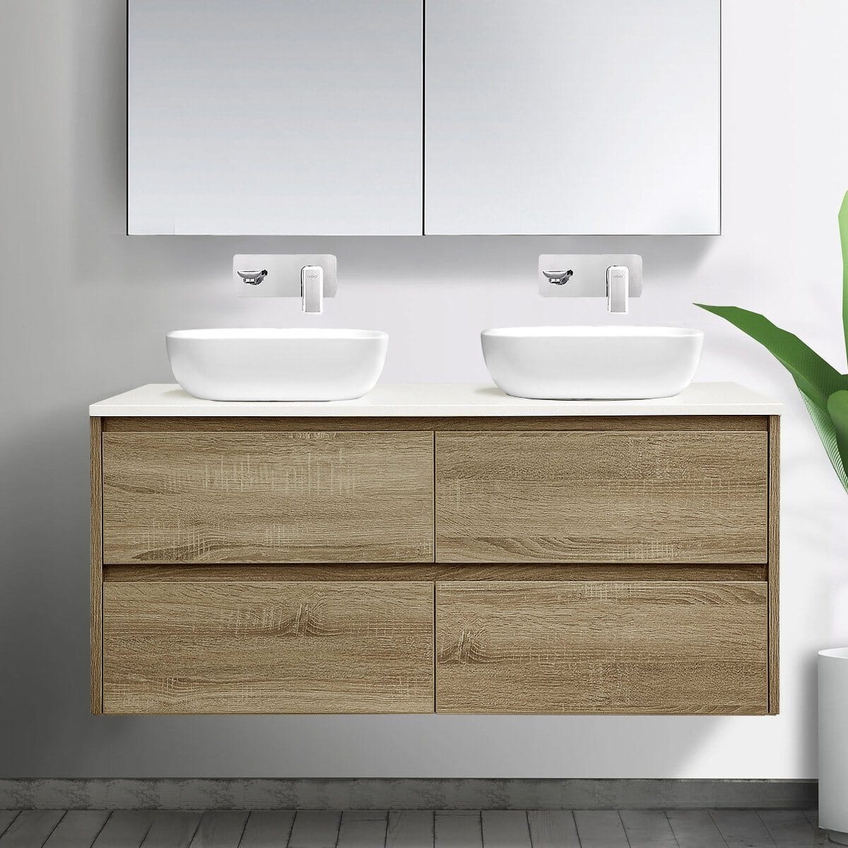 KRIS 1200mm Oak Timber Wall Hung Double Vanity + Bliss Stone Top AROVA 