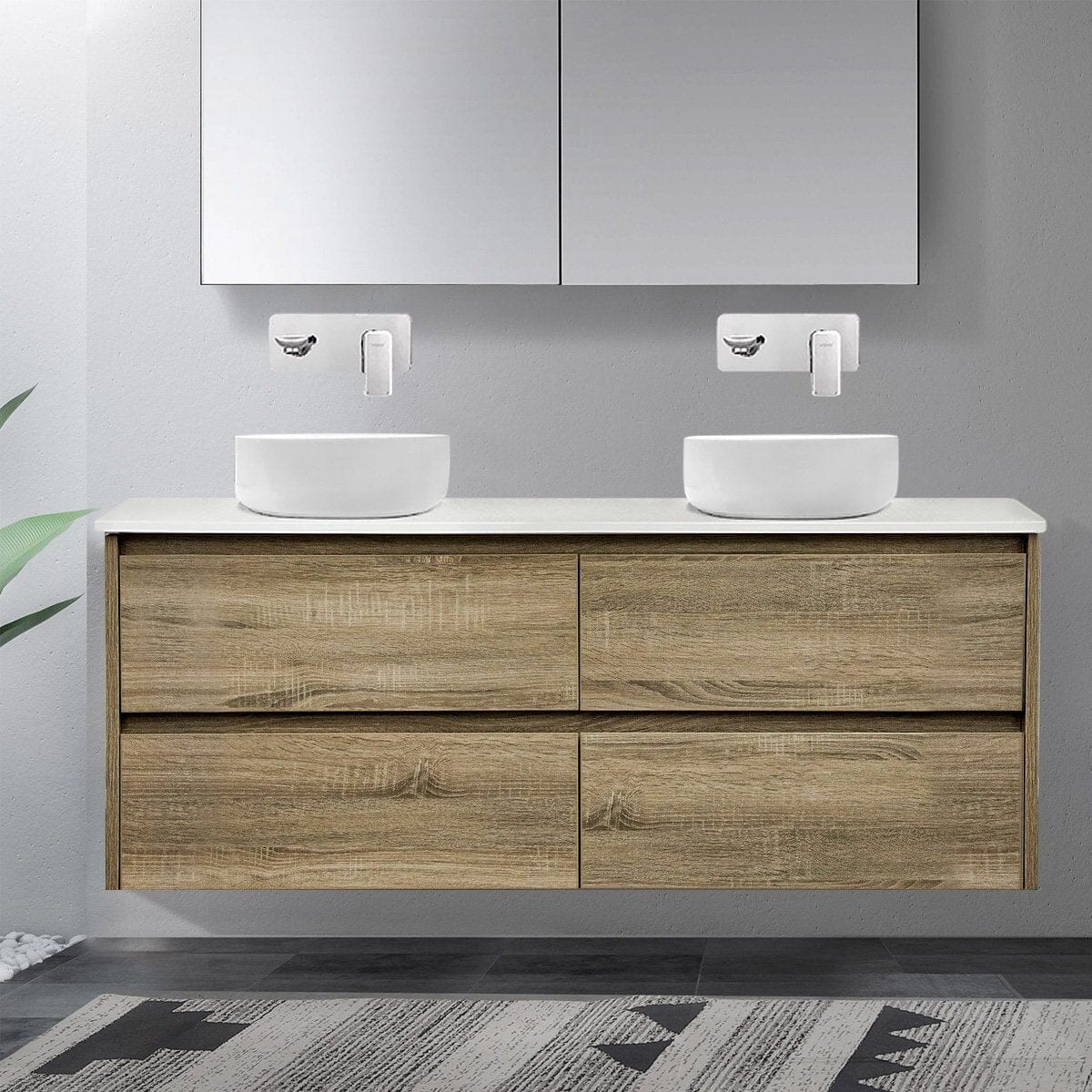 KRIS 1500mm Oak Timber Wall Hung Vanity + Bliss Stone Top AROVA 