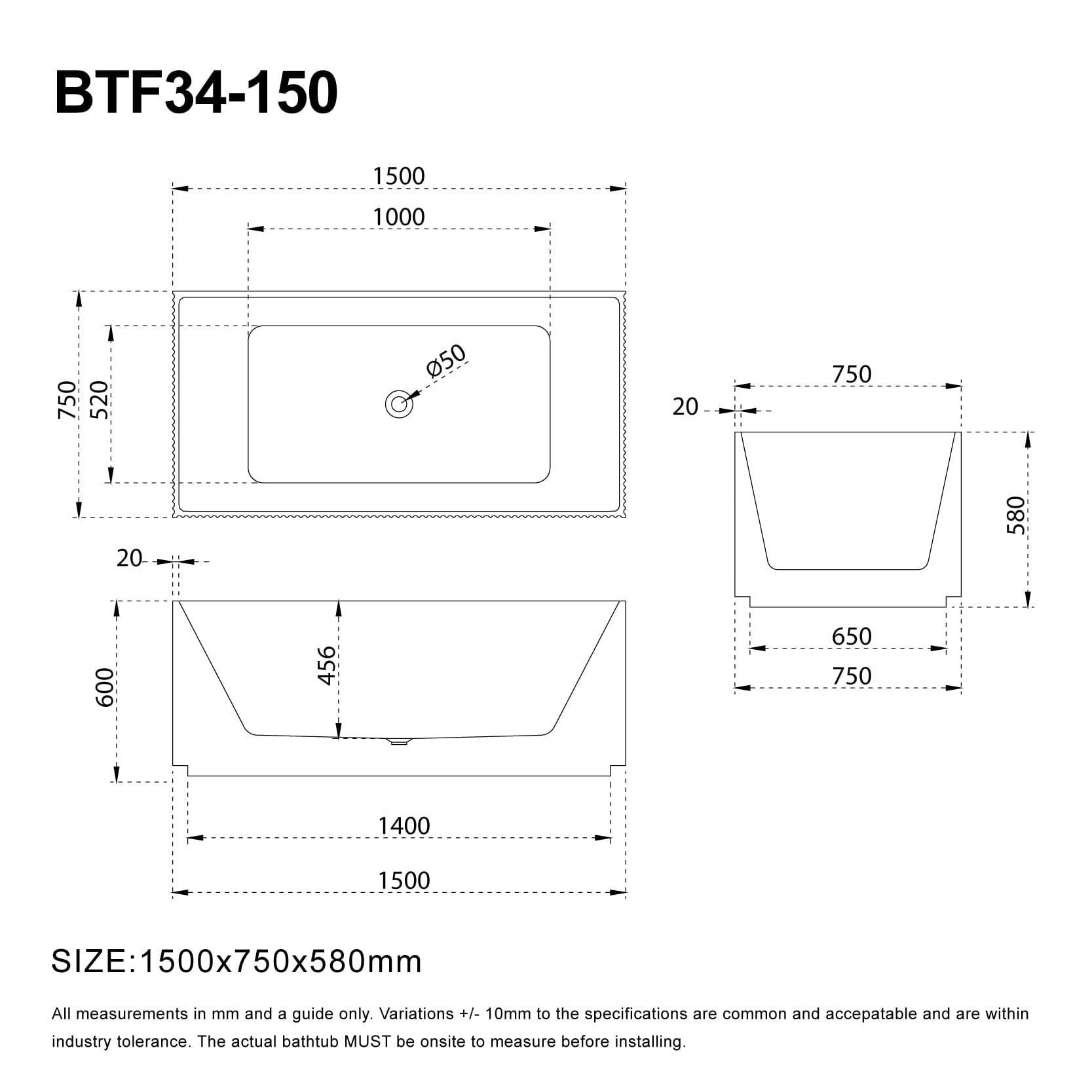 KYLA 1500mm V-Groove Fluted Square Back To Wall Free Standing Bathtub Gloss White Baths AROVA 