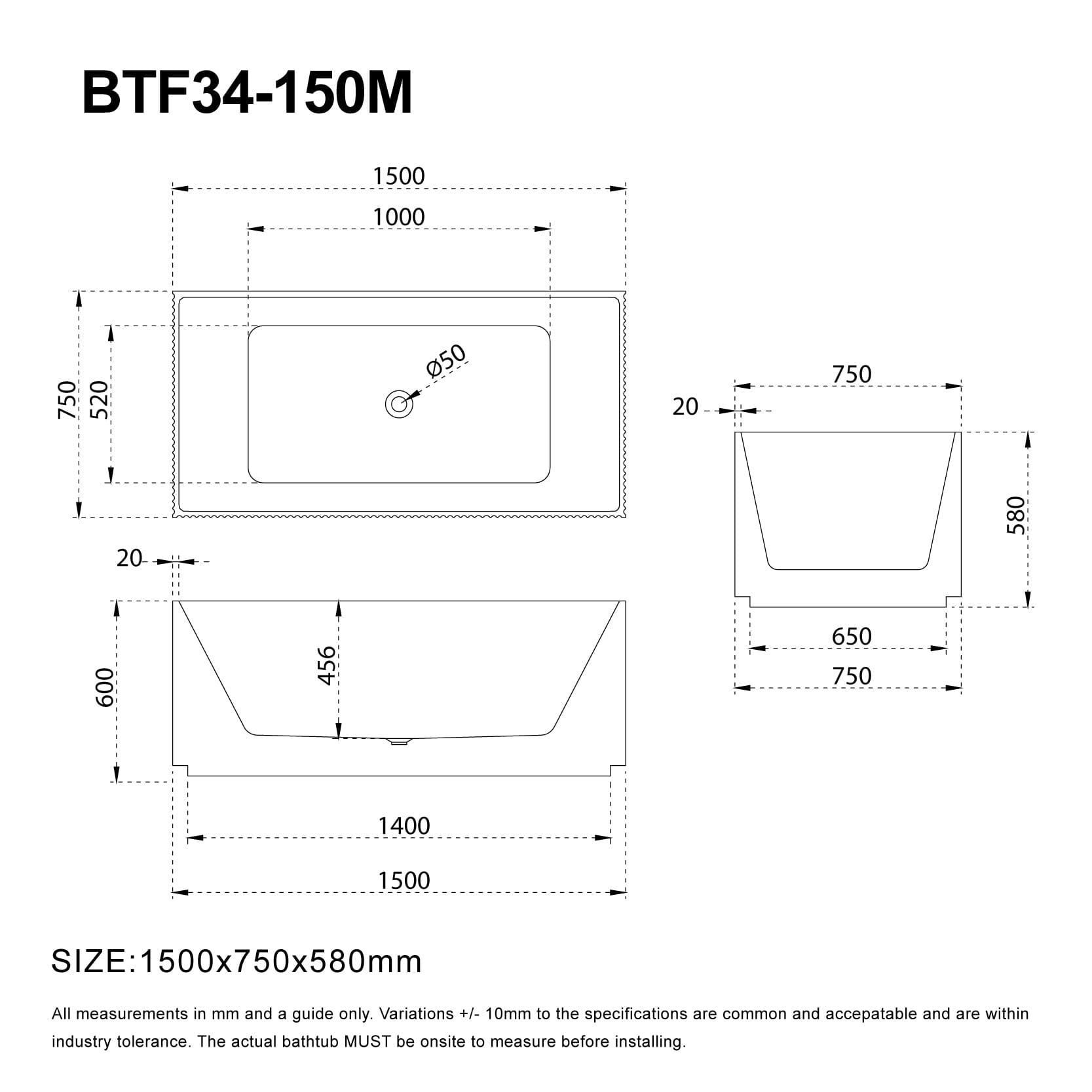 KYLA 1500mm V-Groove Fluted Square Back To Wall Free Standing Bathtub Matte White Baths AROVA 