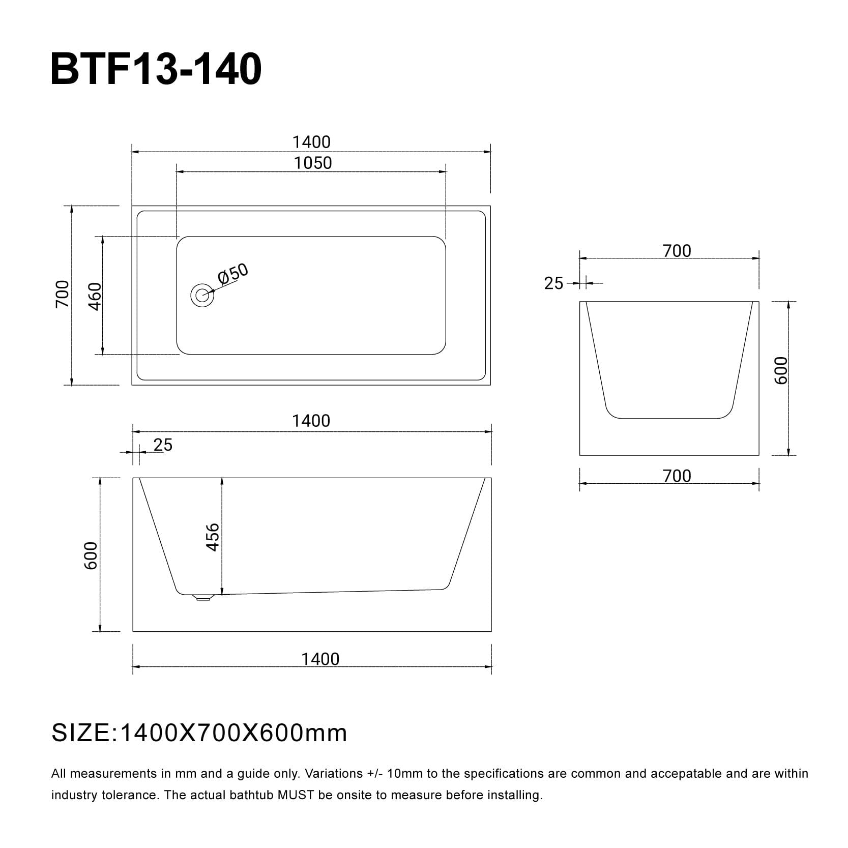 LEX 1400mm Multi Fit Rectangular Freestanding Bath Gloss White Baths AROVA 