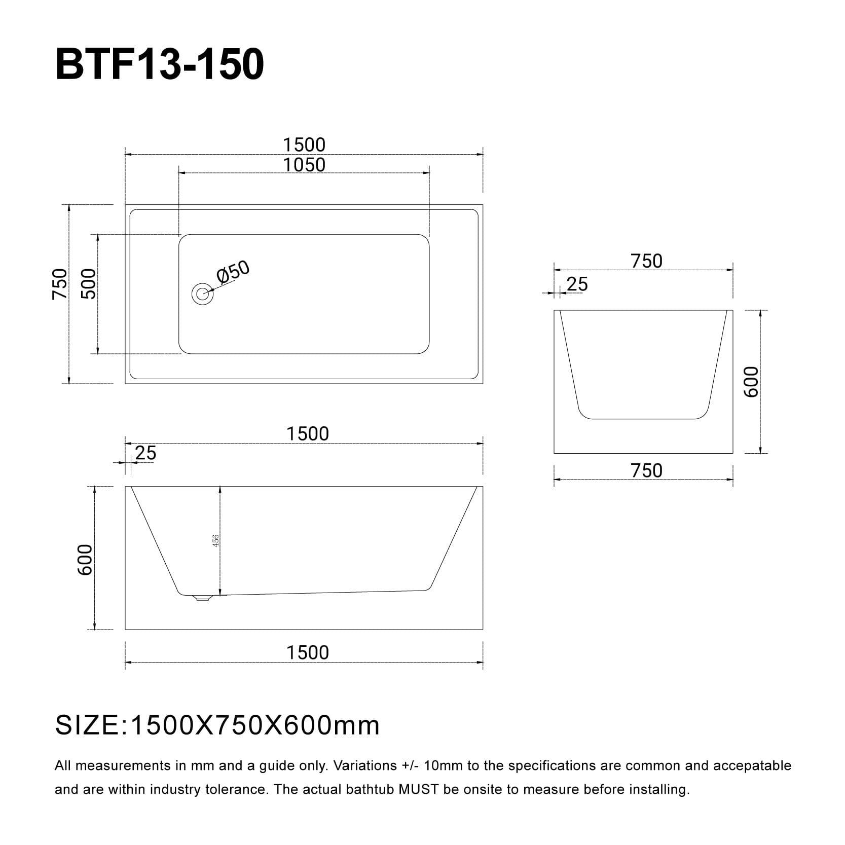 LEX 1500mm Multi Fit Rectangular Freestanding Bath Gloss White Baths AROVA 