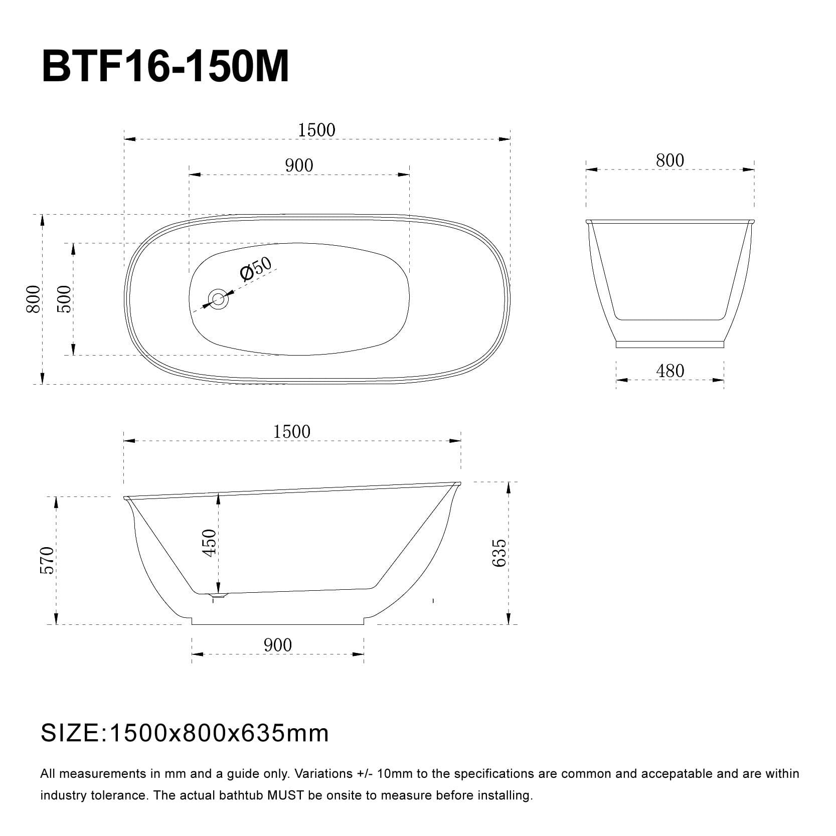 LUCCI 1500mm Oval Freestanding Bathtub Matte White Baths AROVA 