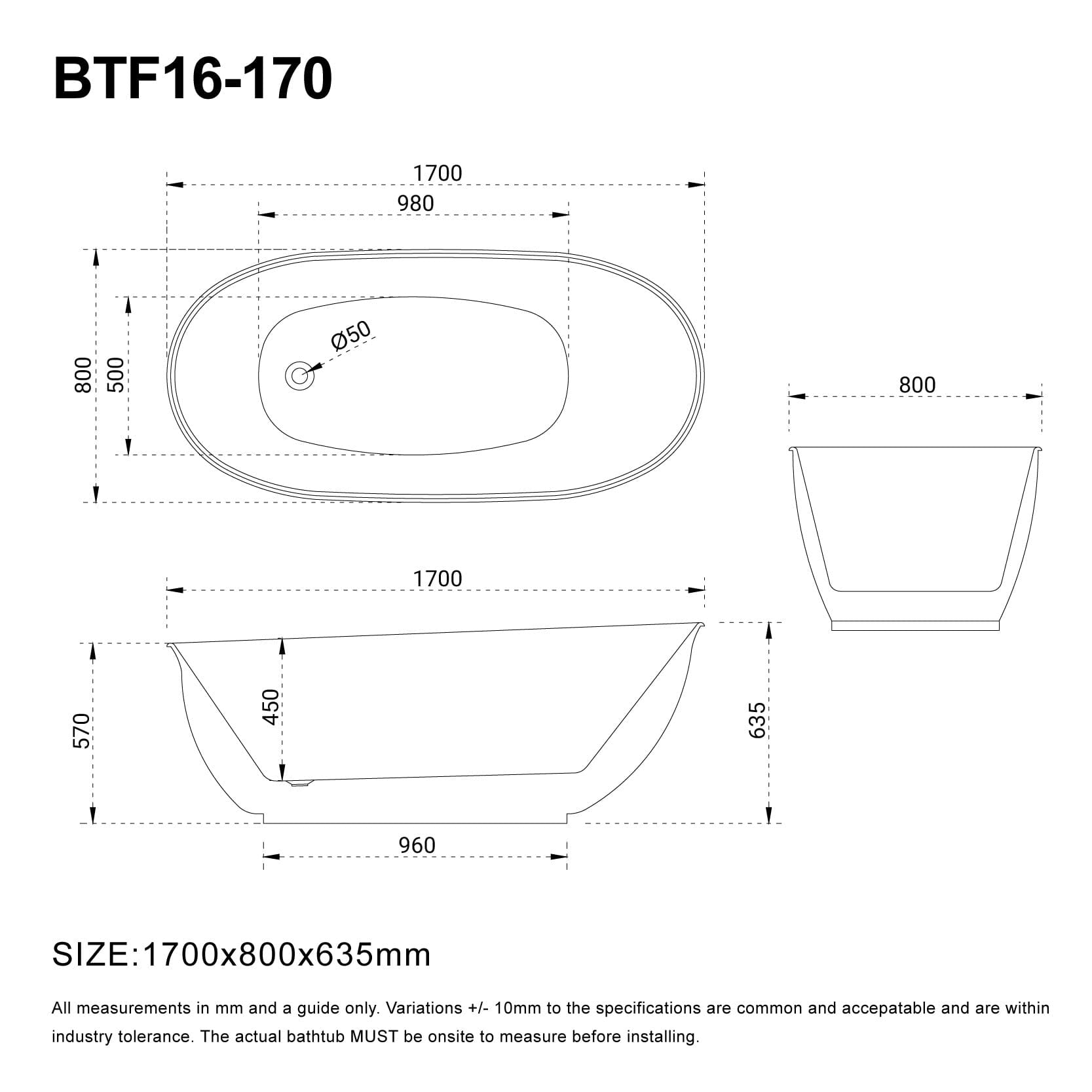 LUCCI 1700mm Oval Freestanding Bathtub Gloss White Baths AROVA 