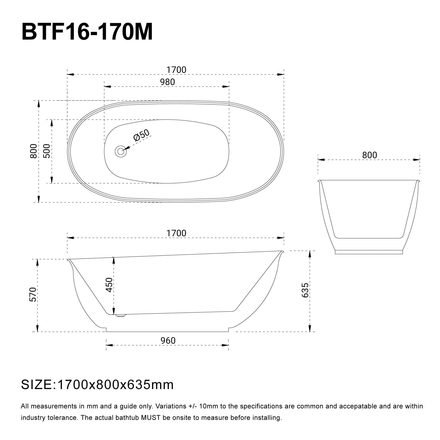 LUCCI 1700mm Oval Freestanding Bathtub Matte White Baths AROVA 