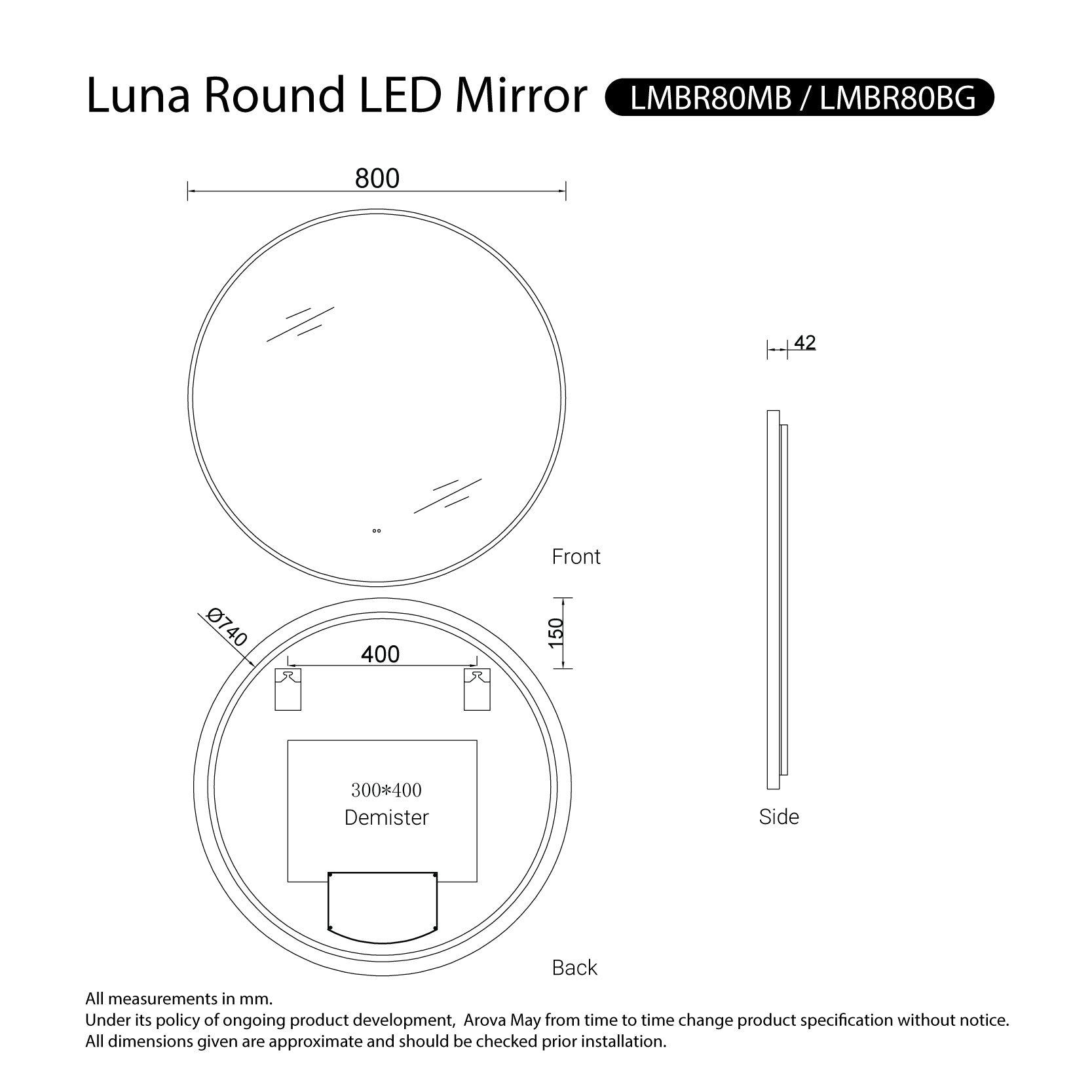 Luna Black Frame Anti-Fog Dimmable Led Bathroom Mirror Round 800mm LED Mirror Arova 