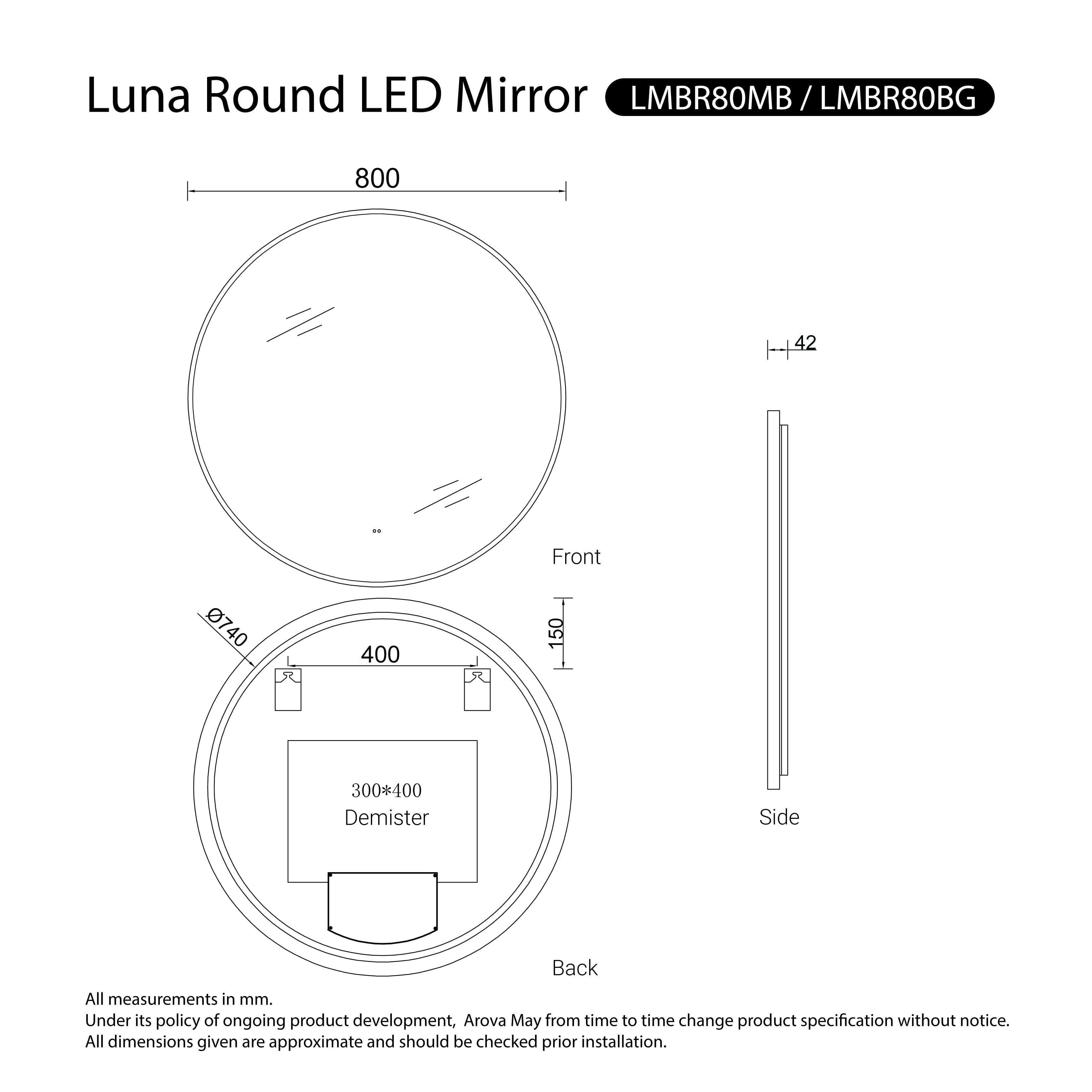 Luna Black Frame Anti-Fog Dimmable Led Bathroom Mirror Round 800mm LED Mirror Arova 