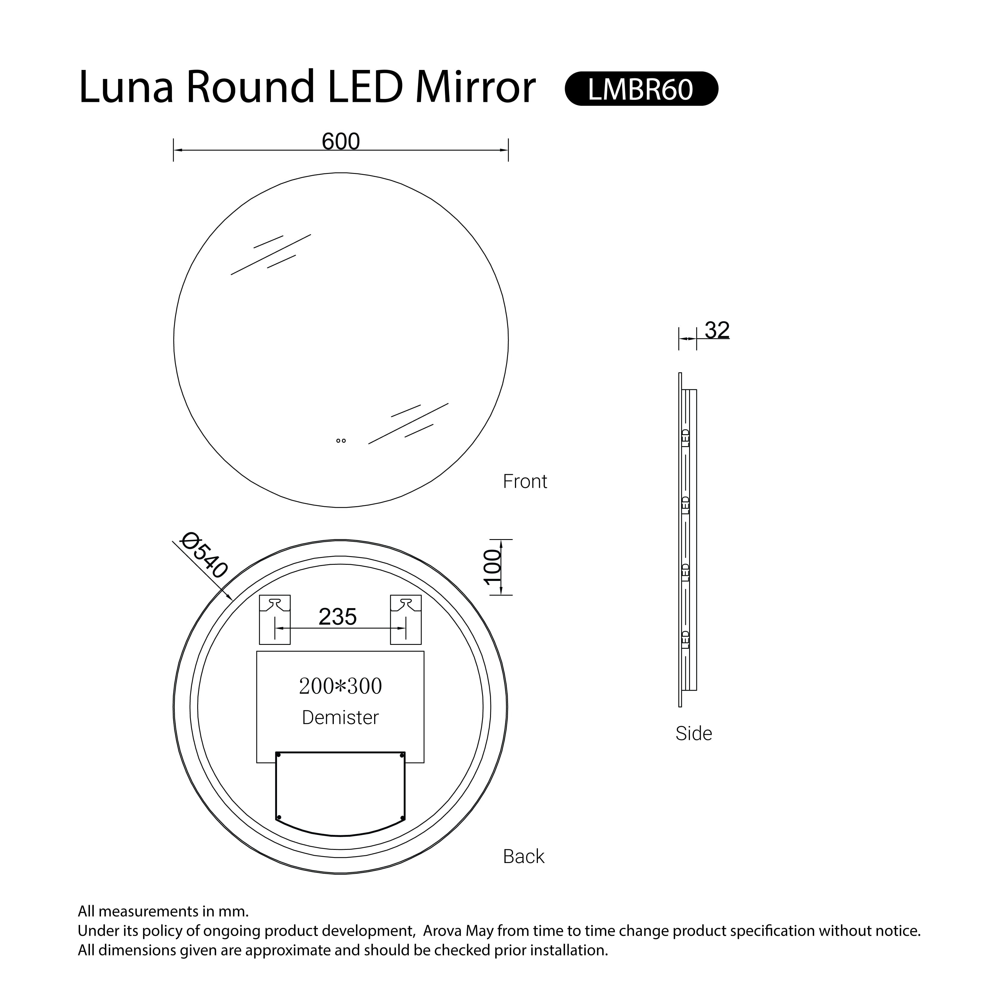 Luna Frameless Anti-Fog Dimmable Led Bathroom Mirror Round 600mm LED Mirror Arova 