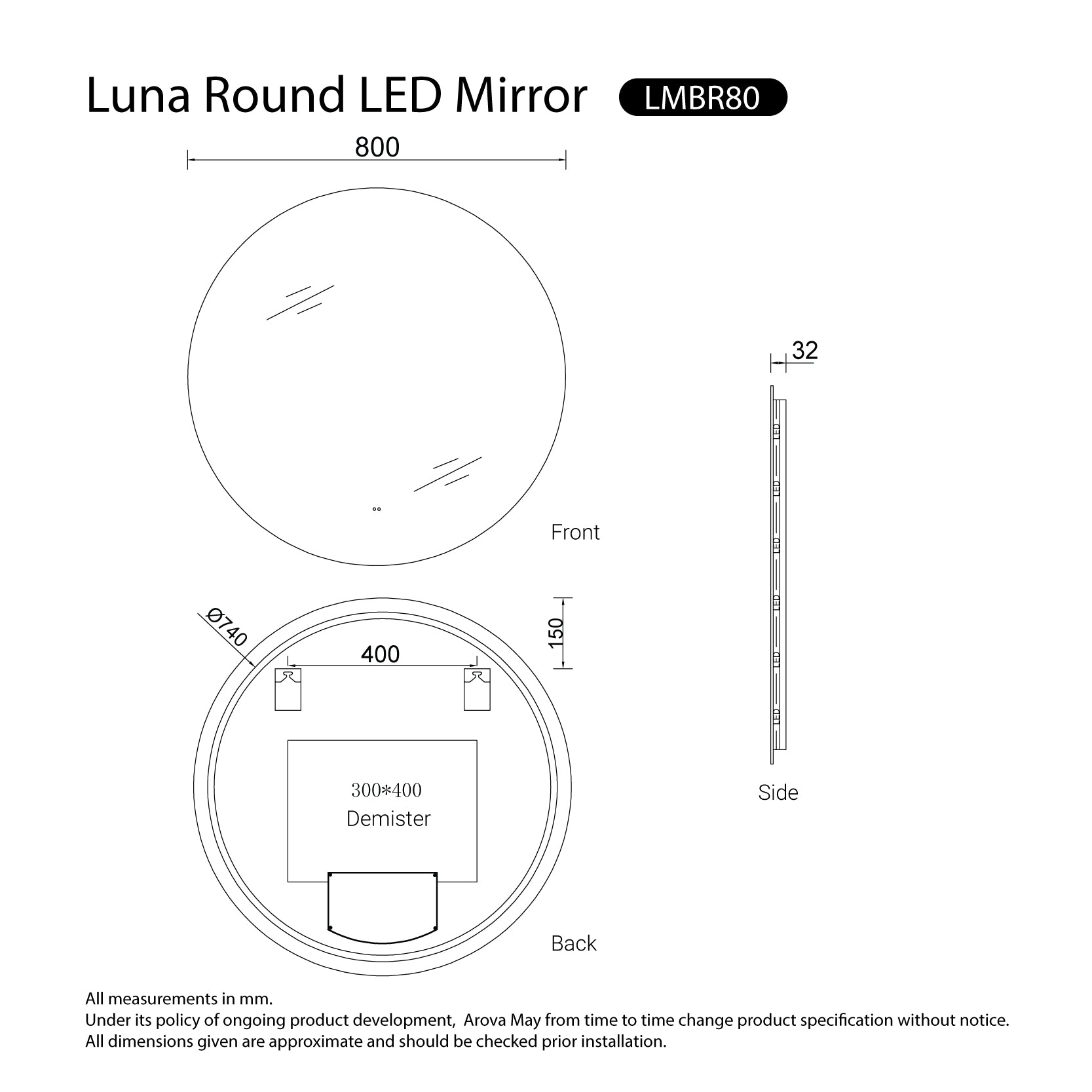 Luna Frameless Anti-Fog Dimmable Led Bathroom Mirror Round 800mm LED Mirror Arova 