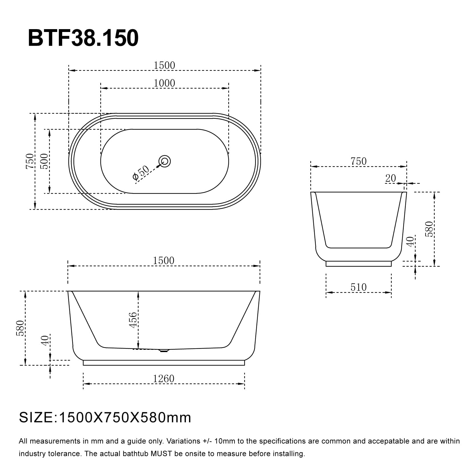 Mae 1500mm Oval Free Standing Bathtub Gloss White Baths Arova 