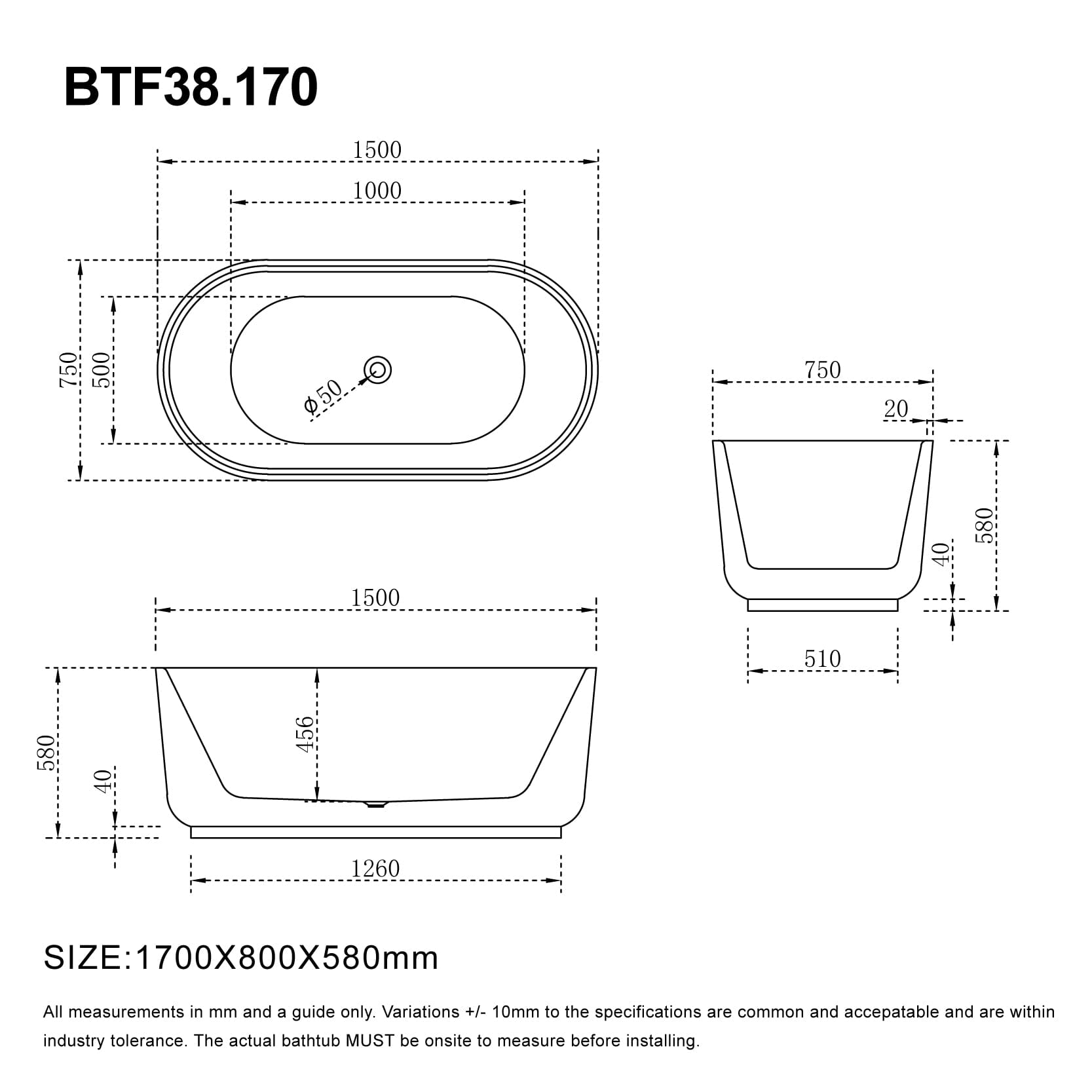 Mae 1700mm Oval Free Standing Bathtub Gloss White Baths Arova 