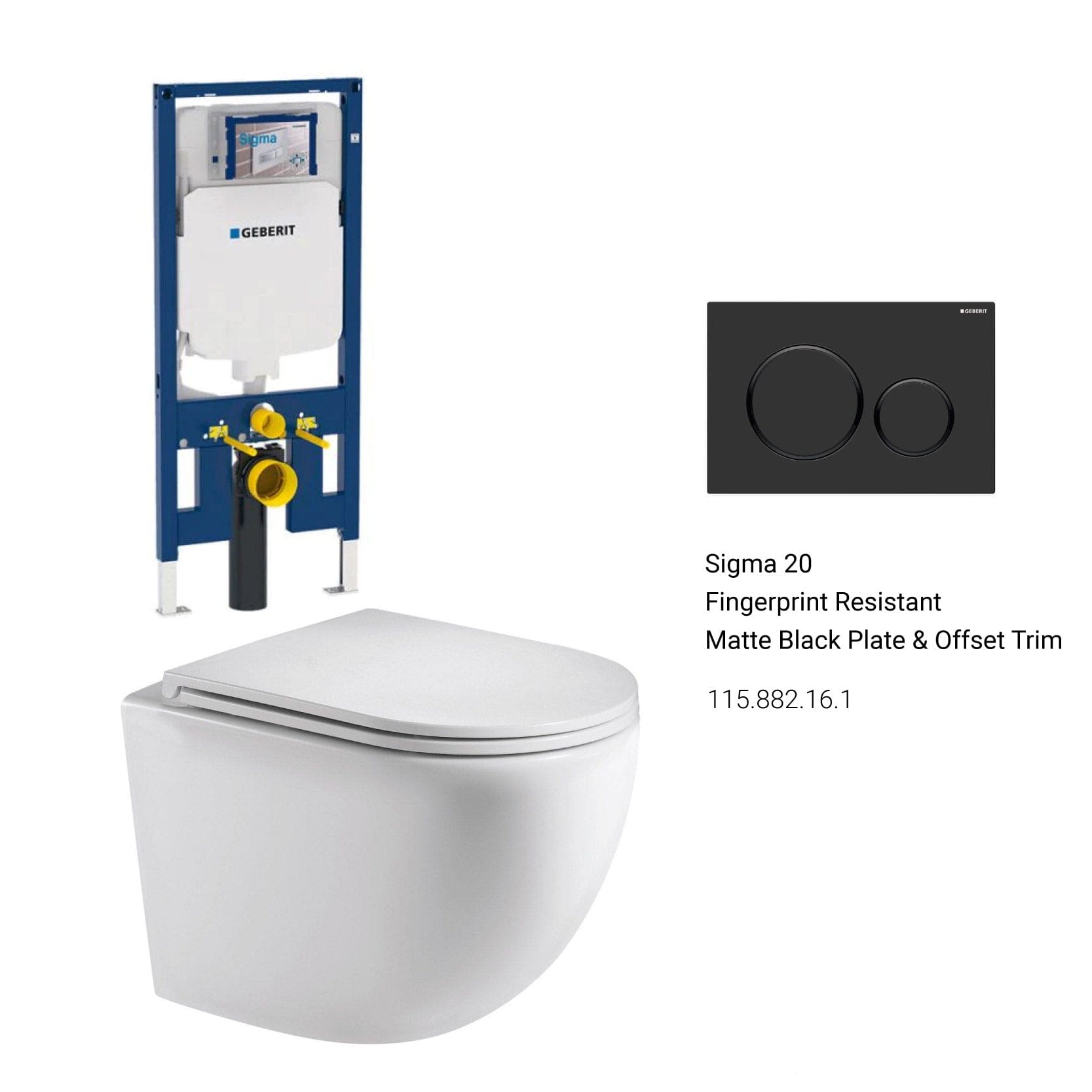 Max49 Rimless Tornado Wall Hung Toilet Package - Geberit Sigma 8 Duofix In Wall Cistern & Round Button Toilets Arova 