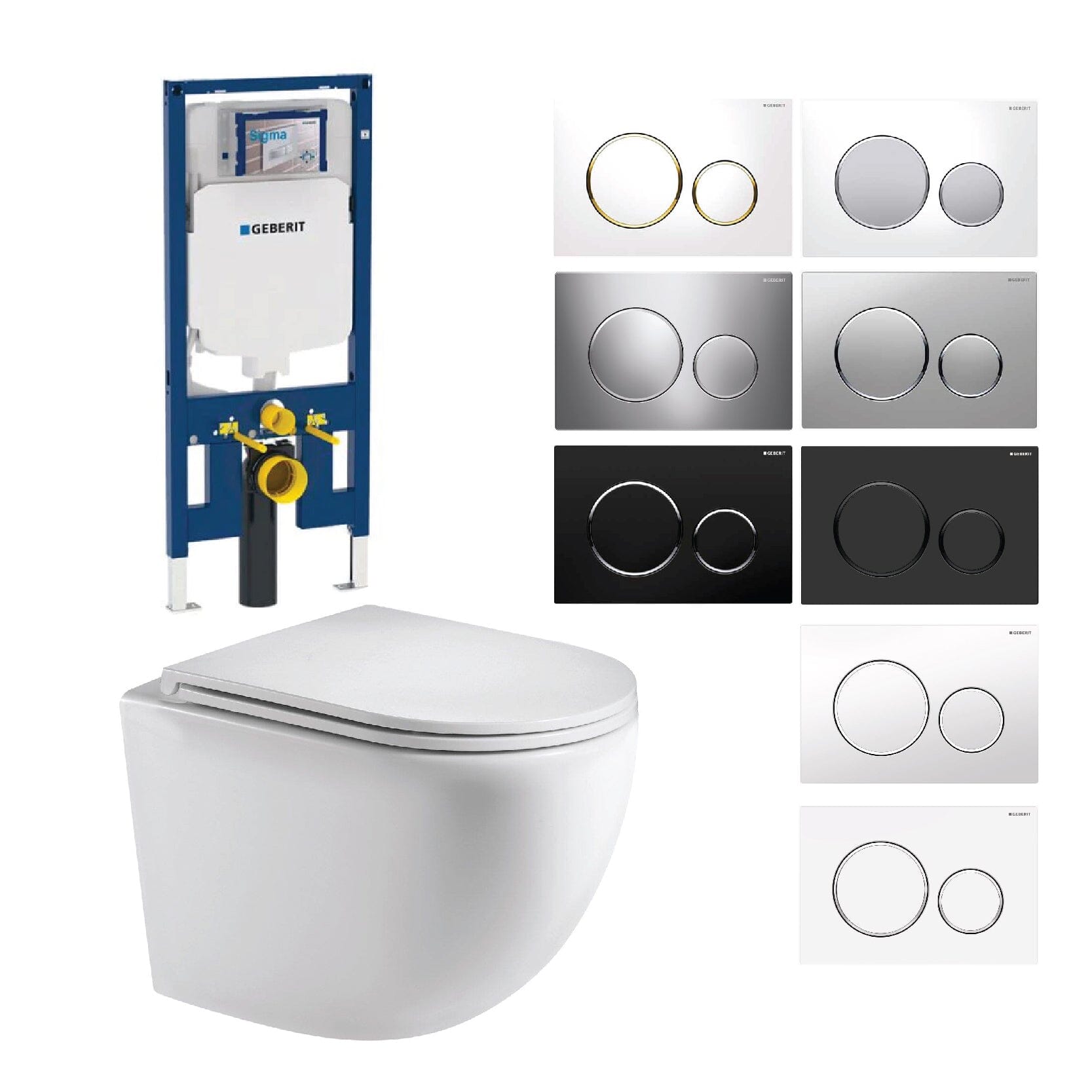 Max49 Rimless Tornado Wall Hung Toilet Package - Geberit Sigma 8 Duofix In Wall Cistern & Round Button Toilets Arova 