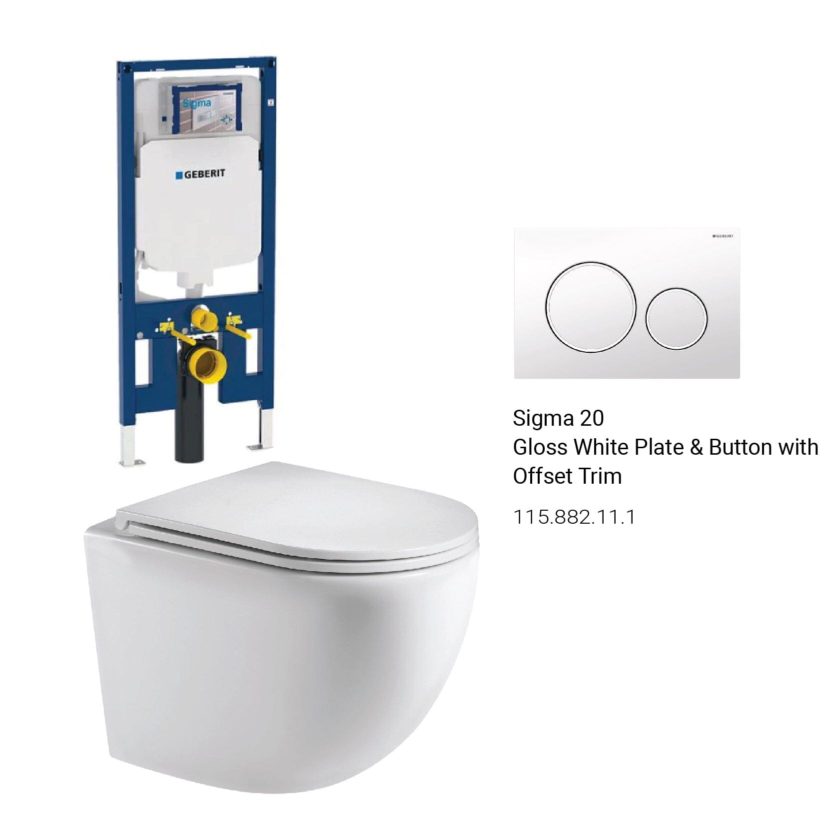 Max49 Rimless Tornado Wall Hung Toilet Package - Geberit Sigma 8 Duofix In Wall Cistern & Round Button Toilets Arova Gloss white plate & button with offset trim 