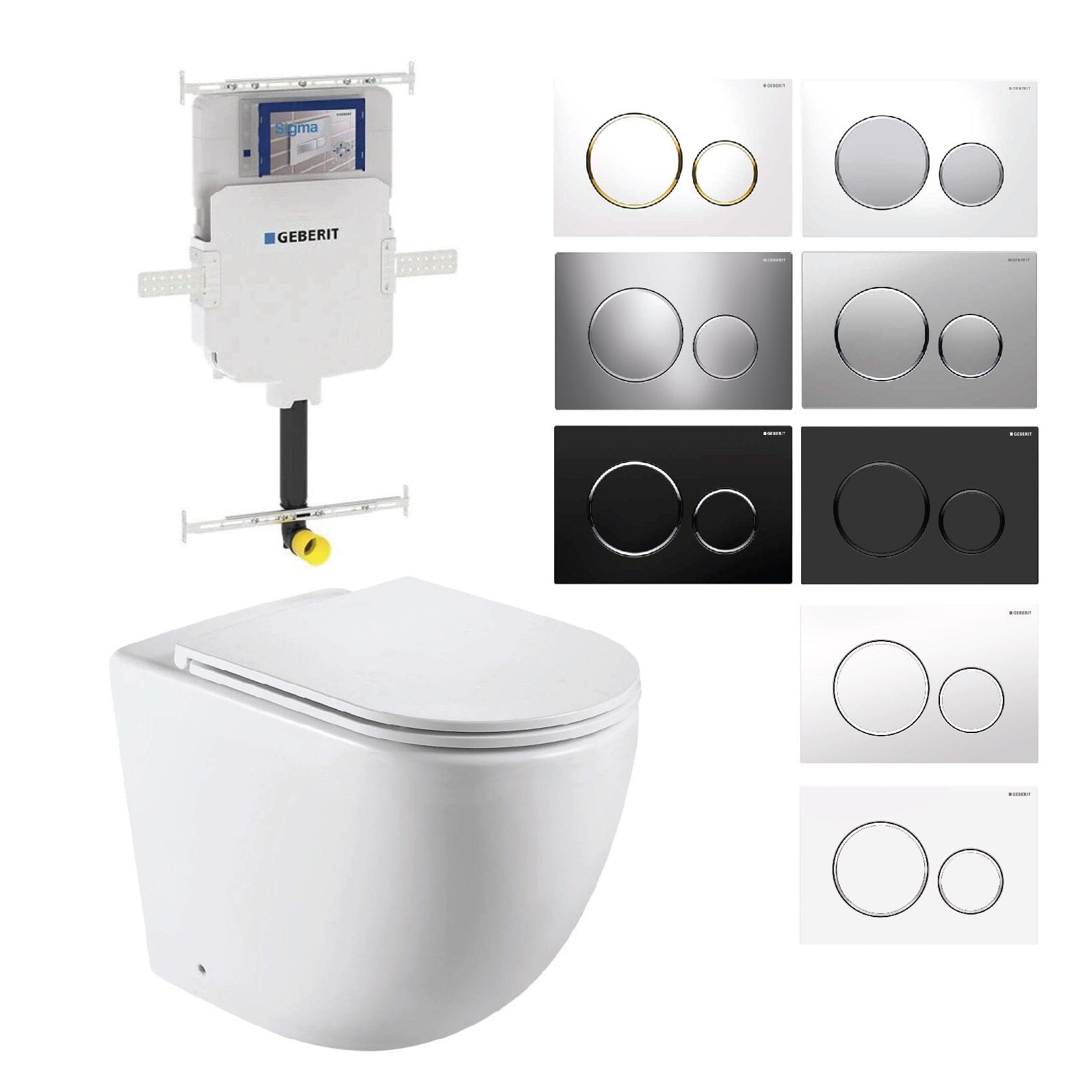 Max57 Rimless Tornado Floor Mount Toilet Pan Packaging - Geberit Sigma 8 Cistern & Round Button Toilets Arova 