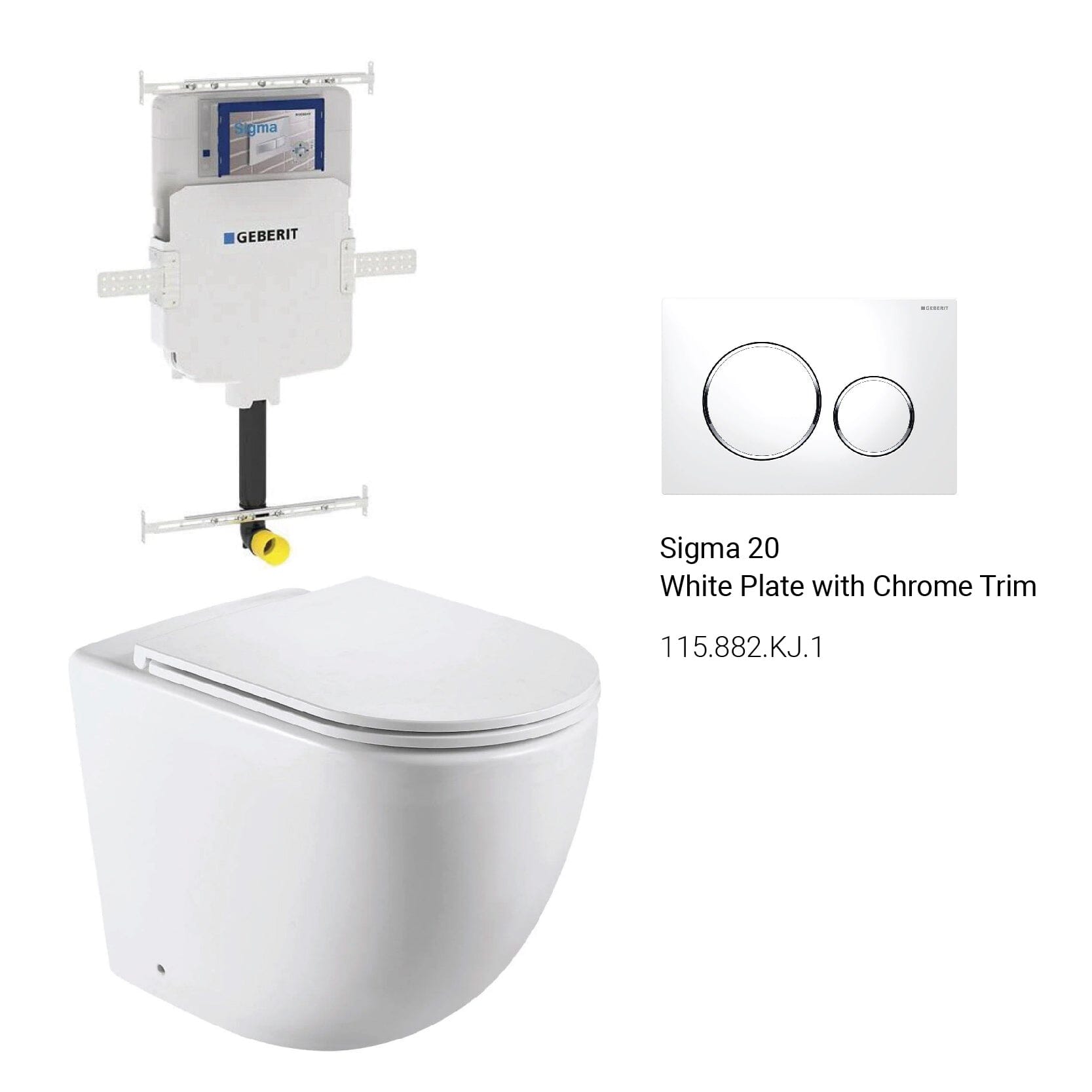 Max57 Rimless Tornado Floor Mount Toilet Pan Packaging - Geberit Sigma 8 Cistern & Round Button Toilets Arova White plate with chrome trim 