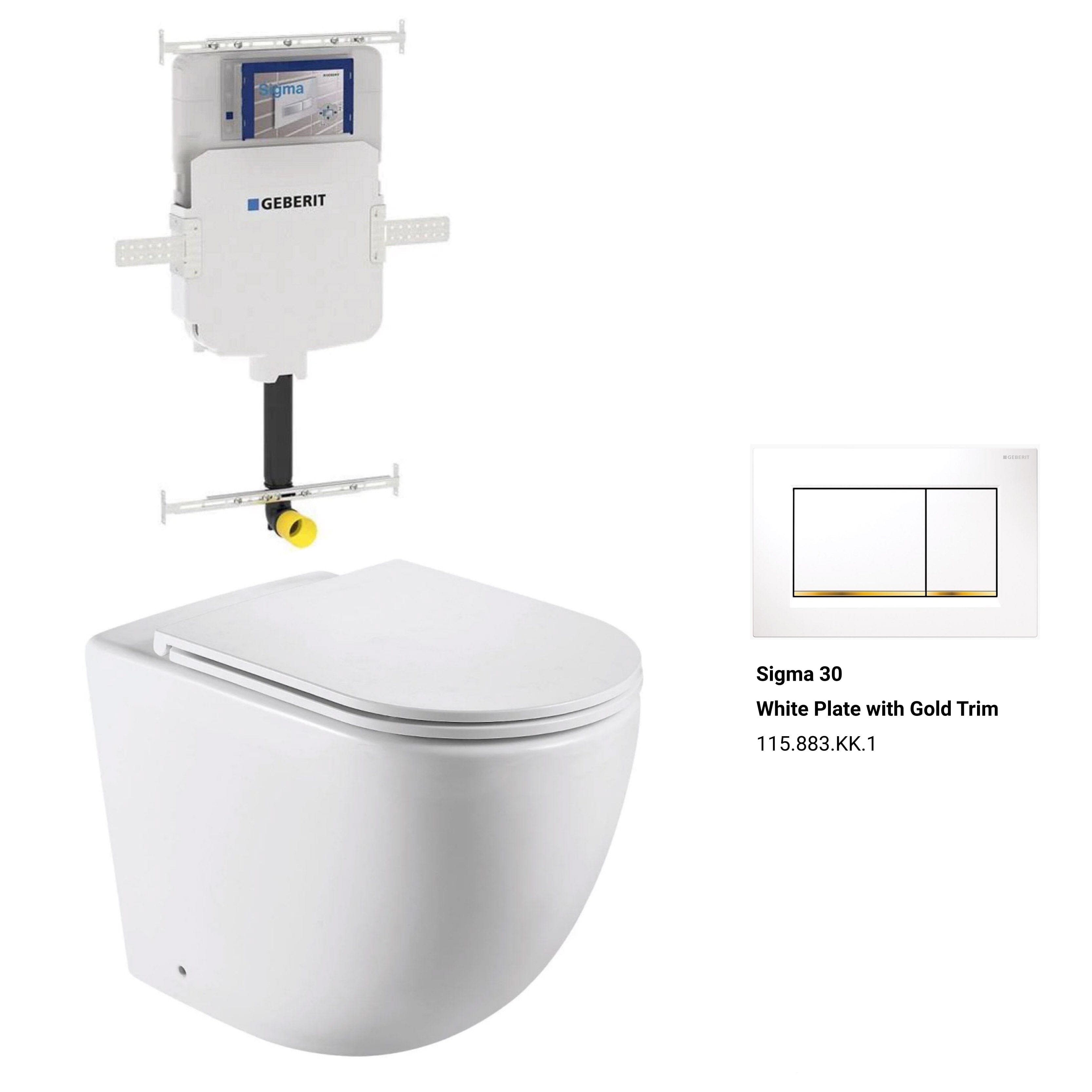 Max57 Rimless Tornado Floor Mount Toilet Pan Packaging - Geberit Sigma 8 Cistern & Square Button Toilets Arova Geberit Sigma 8 In Wall Toilet cistern - 109.795.00.1 Sigma 30 White Plate with Gold Trim-115.883.KK.1 