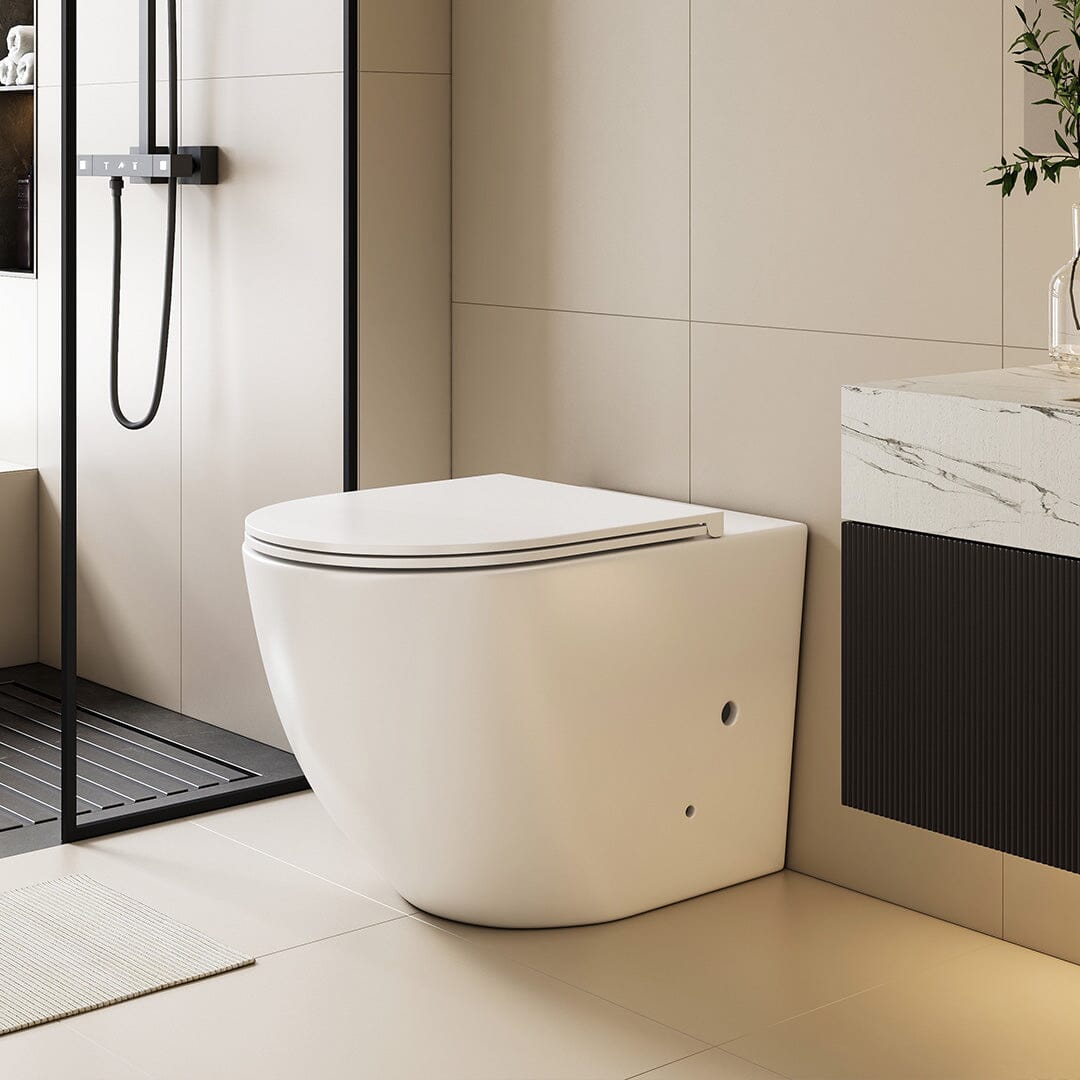 Max57 Rimless Tornado Floor Mount Toilet Pan Packaging - Geberit Sigma 8 Cistern & Square Button Toilets Arova 