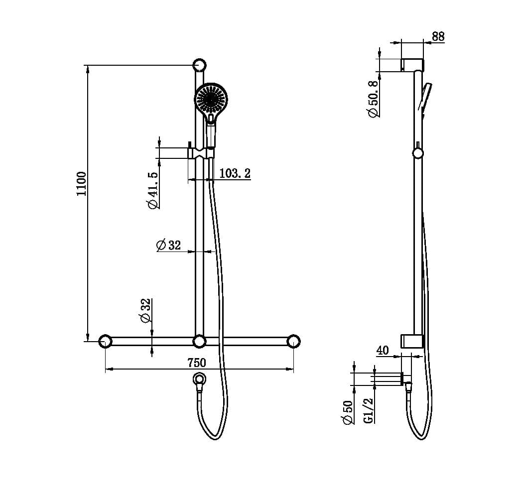 MECCA CARE 32MM T BAR GRAB RAIL AND ADJUSTABLE SHOWER SET 1100X750MM BRUSHED BRONZE (NRCS006BZ) Showers Nero 