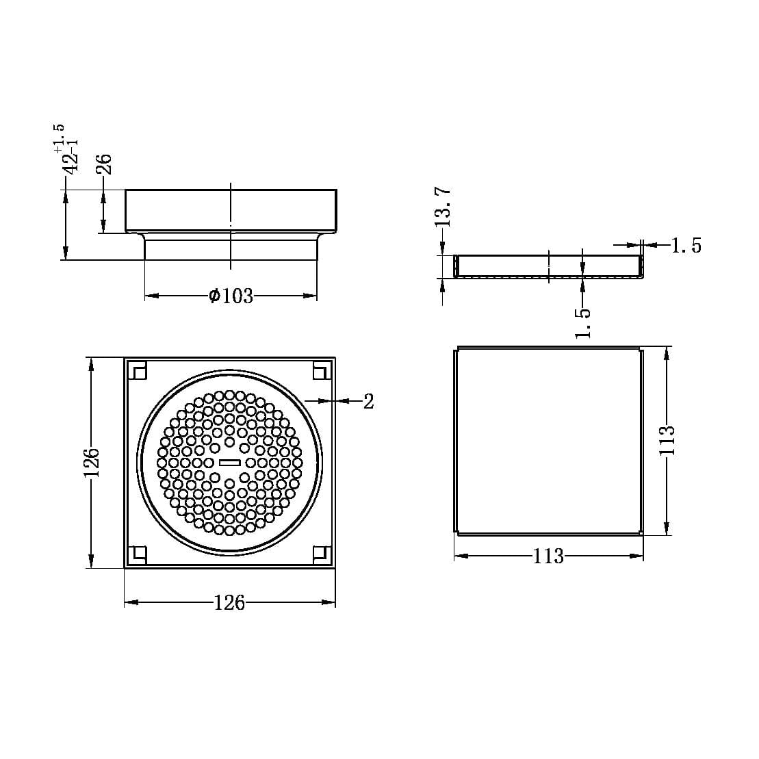 Nero 130mm Square Tile Insert Floor Waste 100mm Outlet Brushed Nickel NRFW008BN Shower Grate Nero 