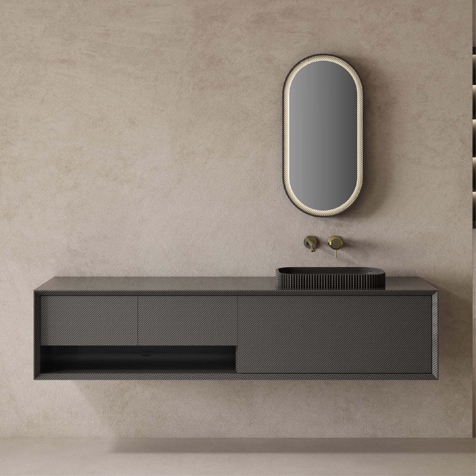 Noir 1600mm Carbon Fiber Wall Hung Bathroom Vanity Unit with Basin Vanities & Mirrors AROVA 