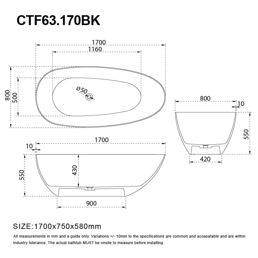 Noir 1700mm Carbon Fiber Free Standing Bathtub Egg Shape Black Baths Arova 