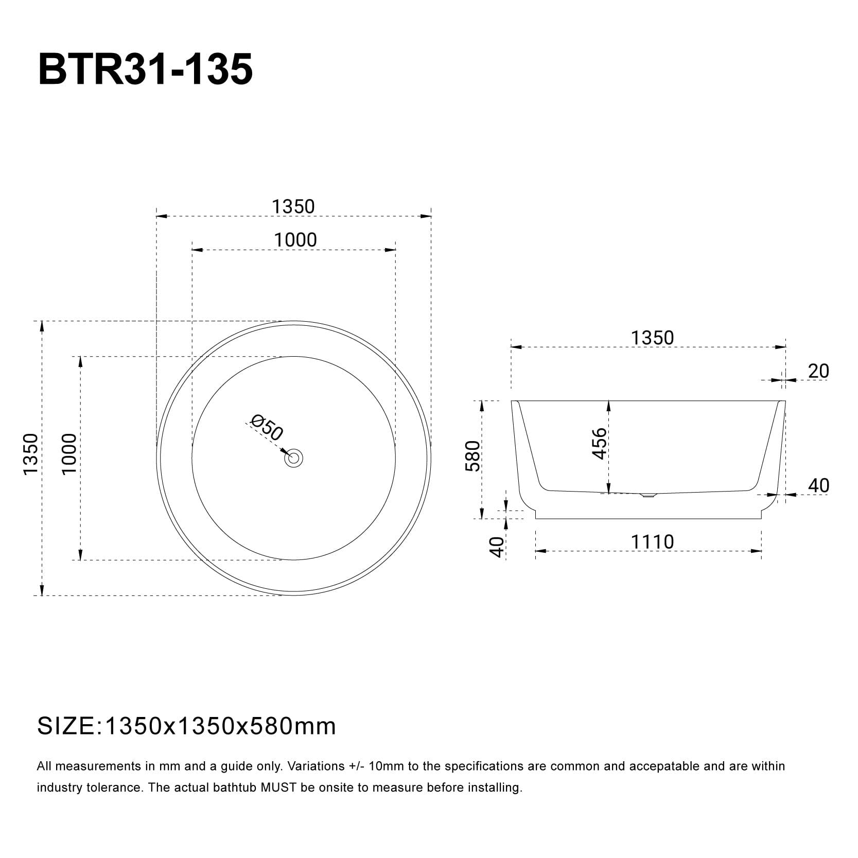 NOVA 1350mm Round Freestanding Bath Gloss White Baths AROVA 