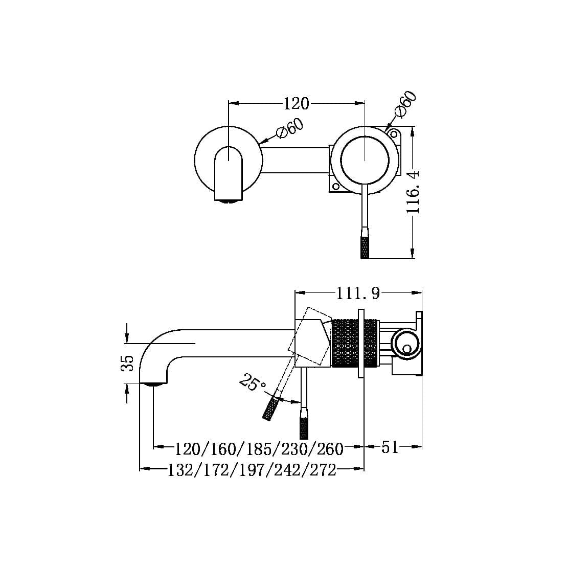 OPAL WALL BASIN/BATH MIXER SEPARATE BACK PLATE 260MM GRAPHITE Tapware Nero 