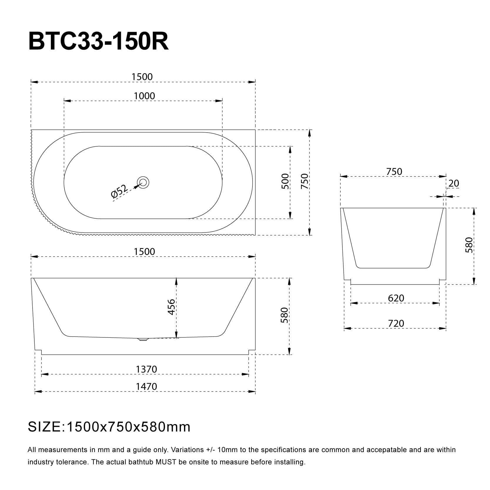 RORY 1500mm V-Groove Fluted Right Corner Free Standing Bathtub Gloss White Baths AROVA 