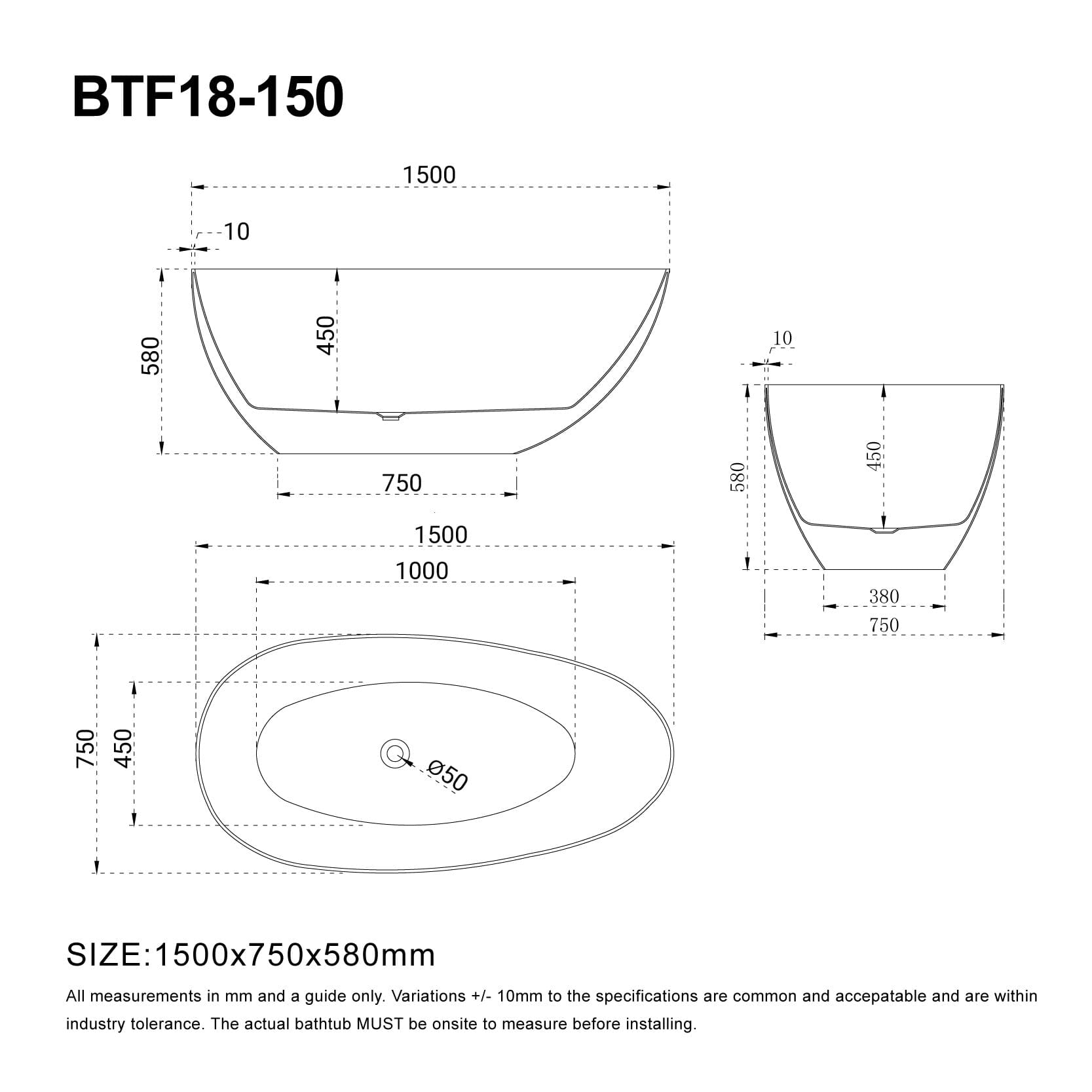 RUBI 1500mm Egg Shape Oval Freestanding Bath Gloss White Baths AROVA 