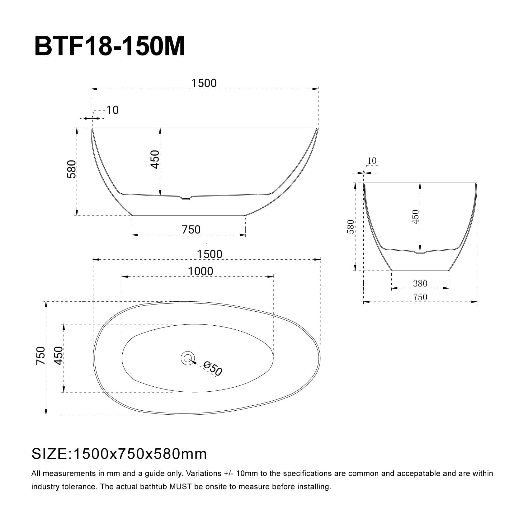 RUBI 1500mm Egg Shape Oval Freestanding Bath Matte White Baths AROVA 