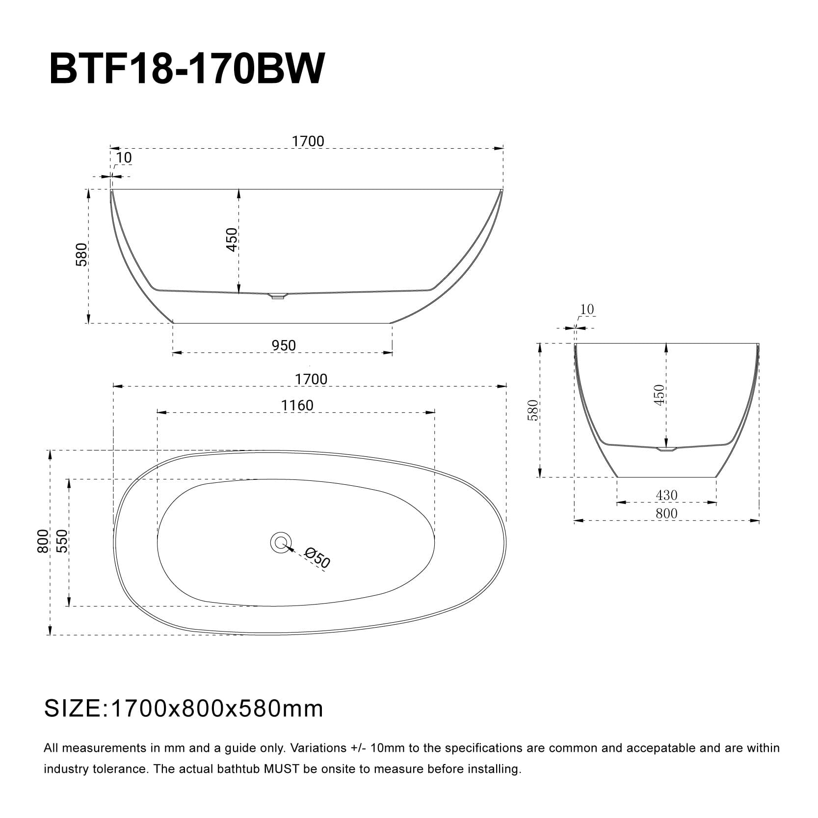 RUBI 1700mm Egg Shape Oval Freestanding Bath Black/White Baths AROVA 