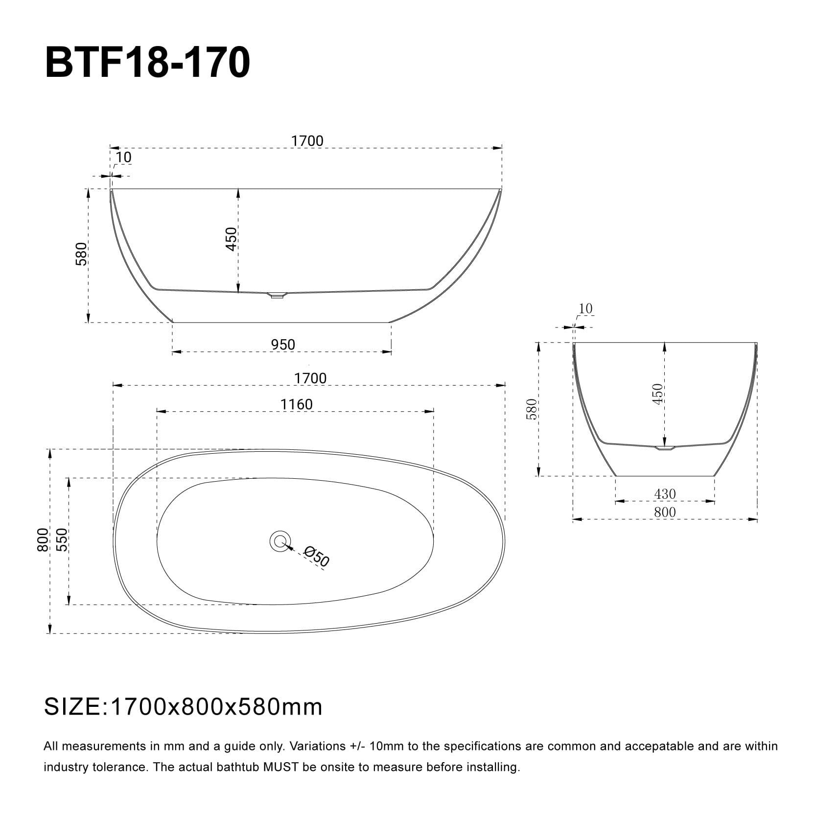 RUBI 1700mm Egg Shape Oval Freestanding Bath Gloss White Baths AROVA 