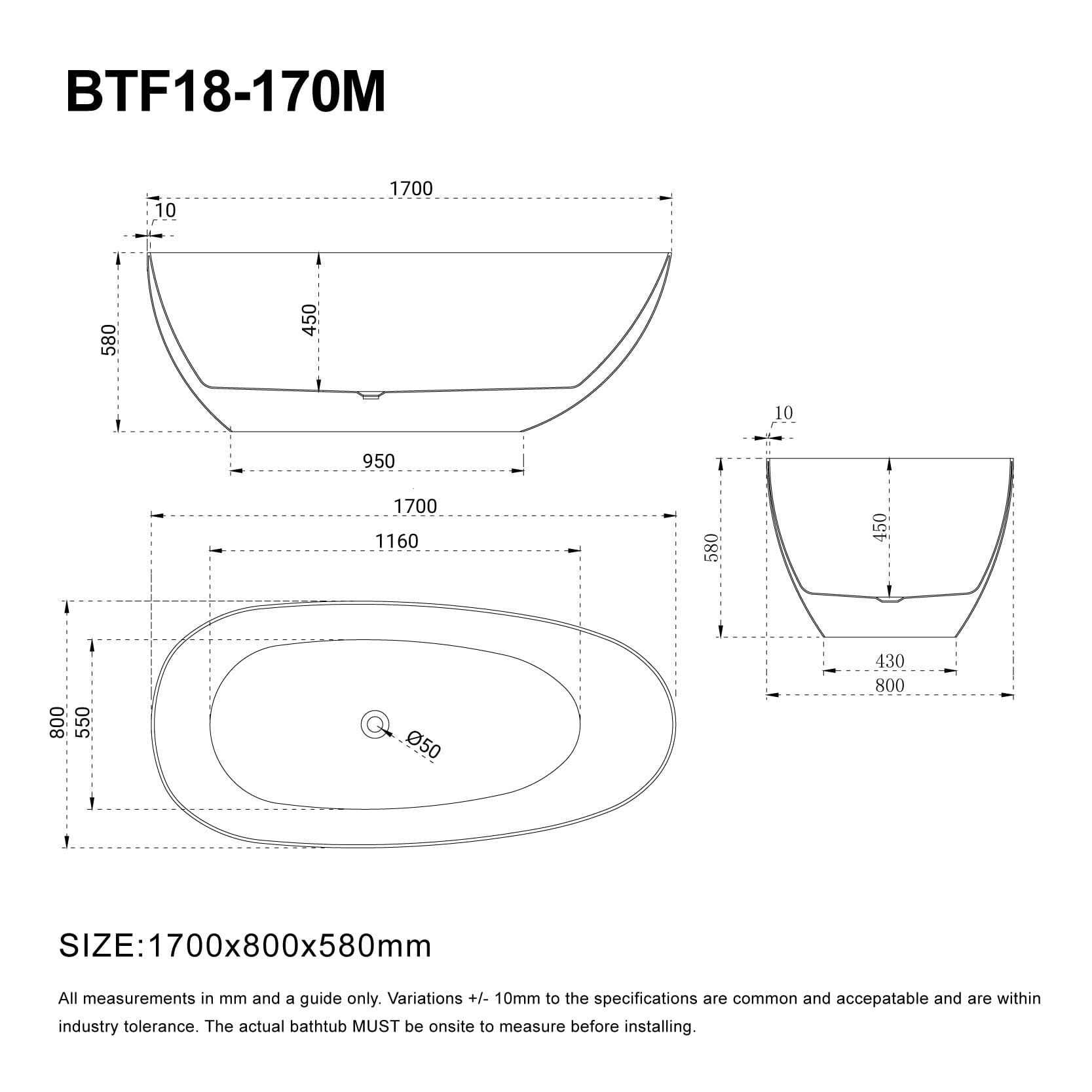 RUBI 1700mm Egg Shape Oval Freestanding Bath Matte White Baths AROVA 