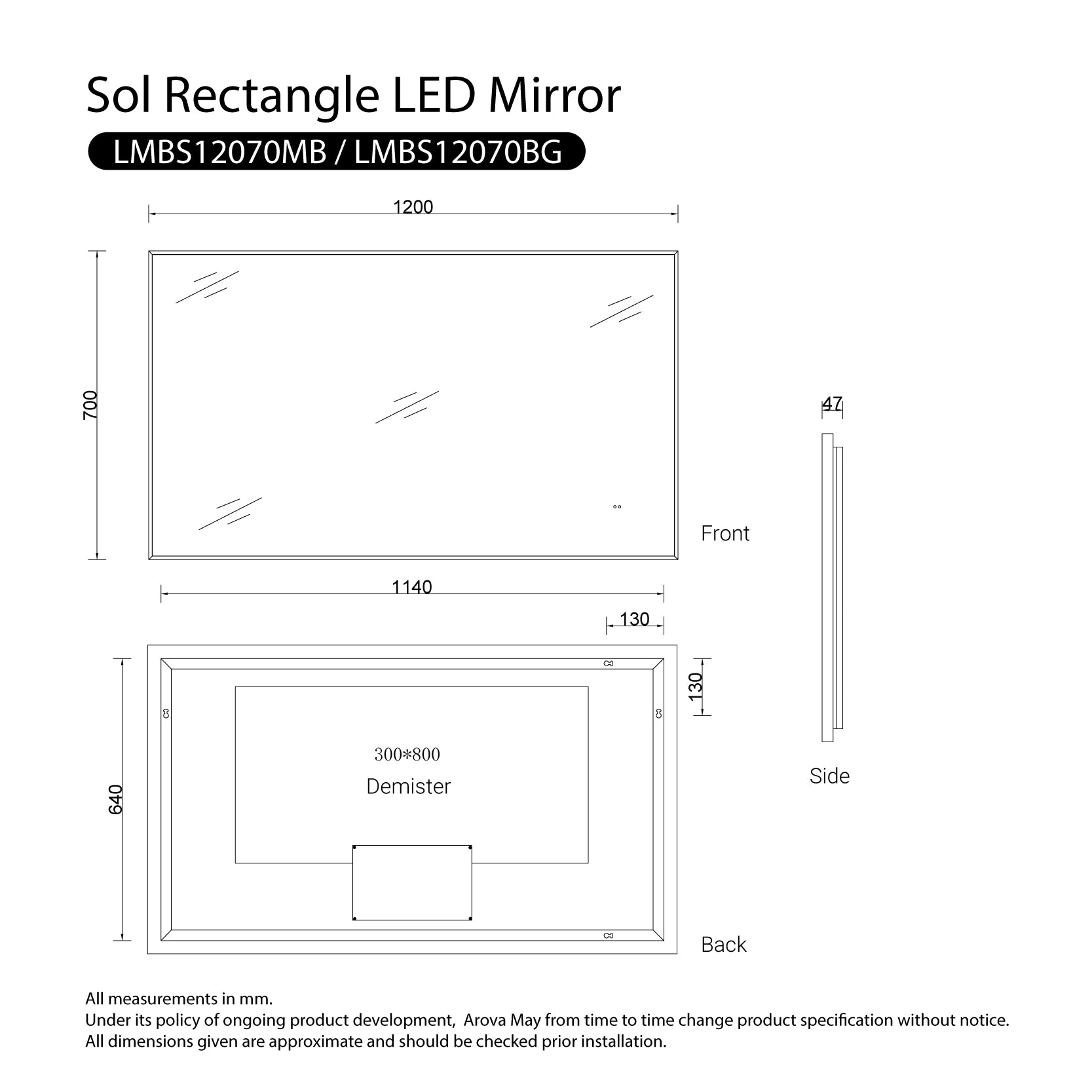 Sol Black Frame Anti-Fog Dimmable Led Bathroom Mirror Rectangular 1200mmx700mm LED Mirror Arova 