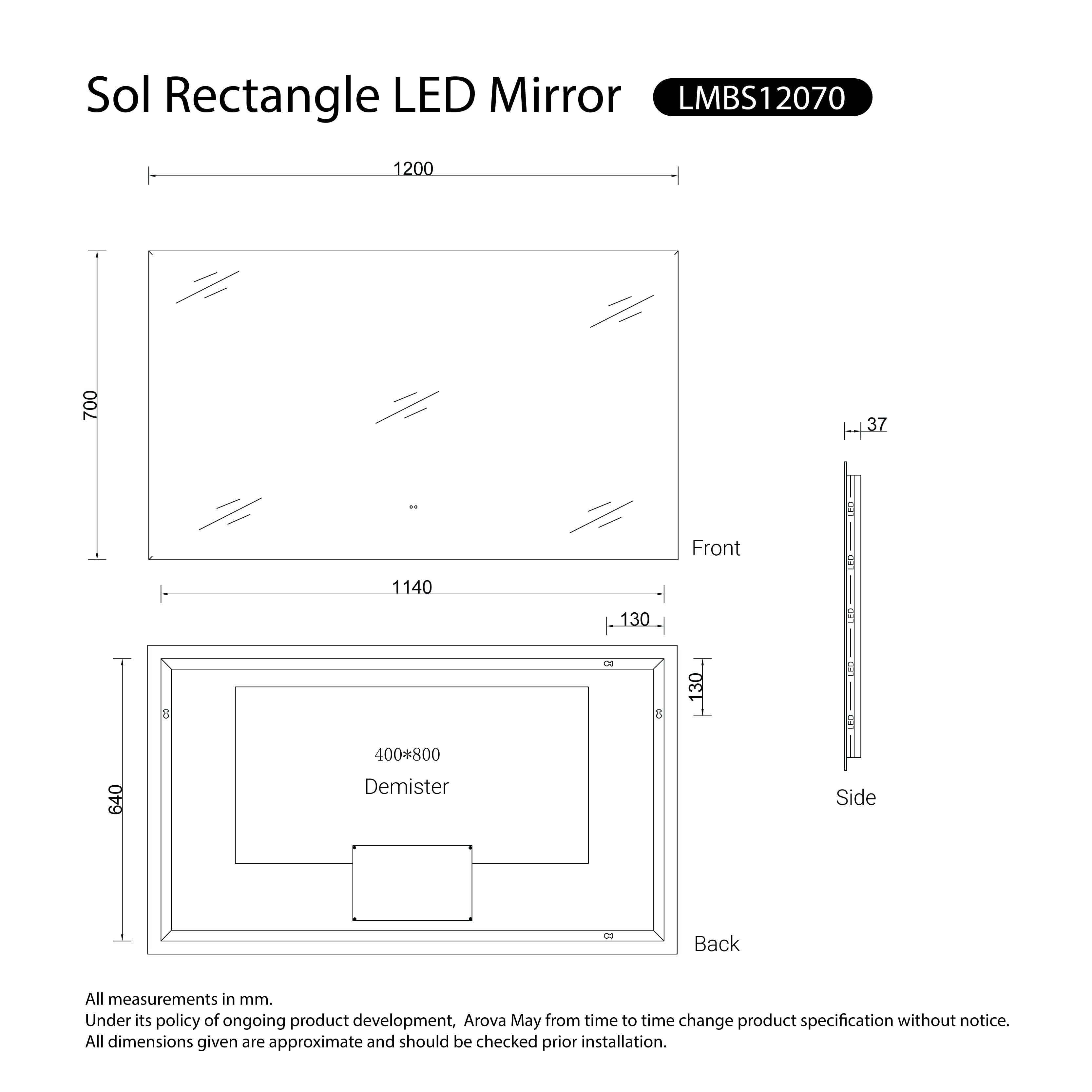 Sol Black Frame Anti-Fog Dimmable Led Bathroom Mirror Rectangular 900mmx700mm LED Mirror Arova 