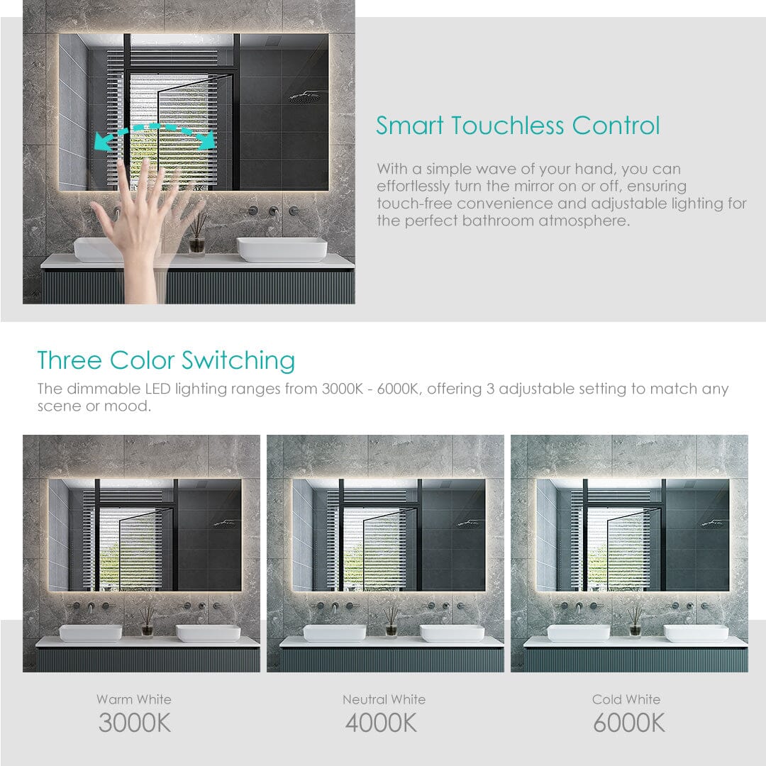 Sol Frameless 1200mmx700mm Anti-Fog Dimmable Led Bathroom Mirror Rectangular LED Mirror Arova 