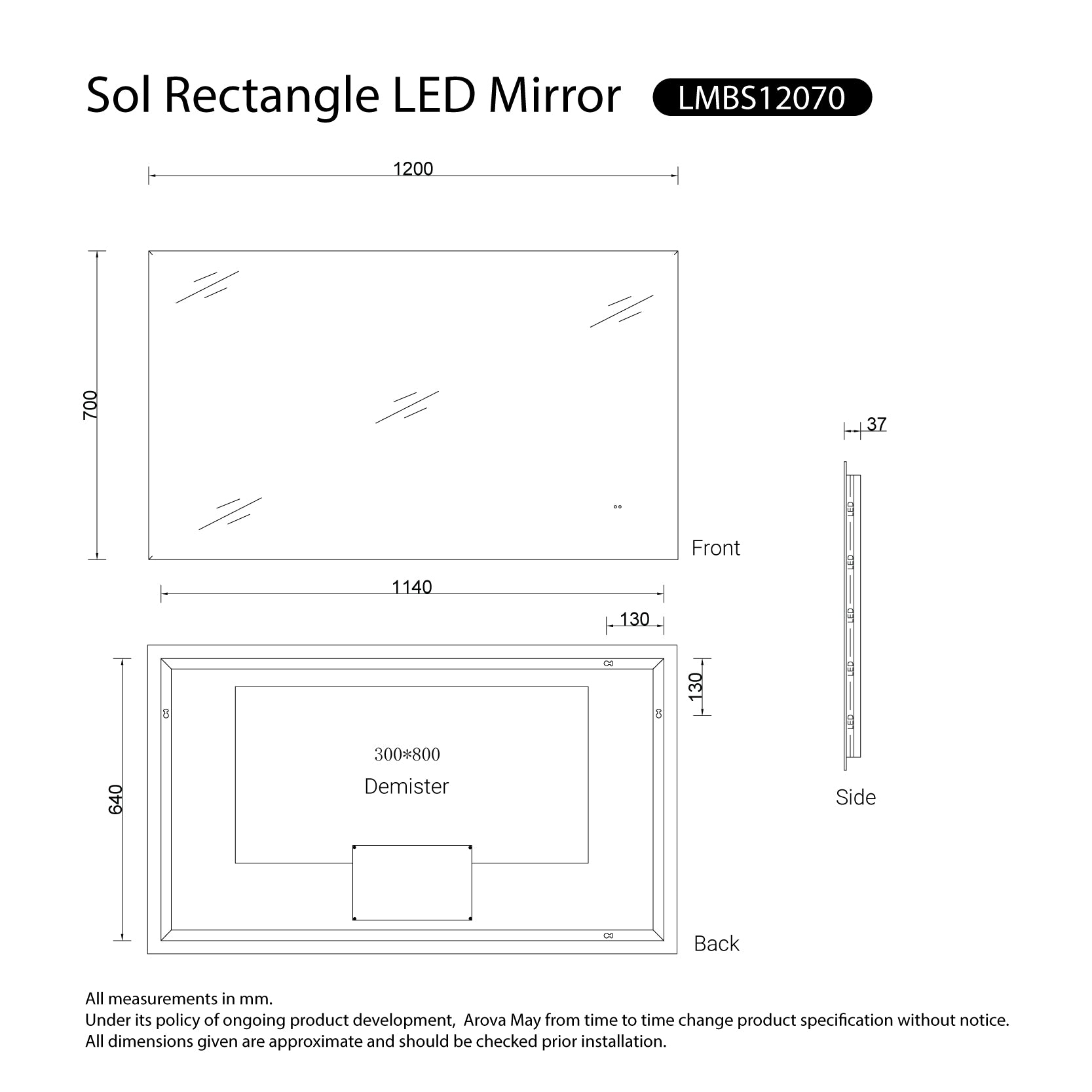 Sol Frameless Anti-Fog Dimmable Led Bathroom Mirror Rectangular 1200mmx700mm LED Mirror Arova 