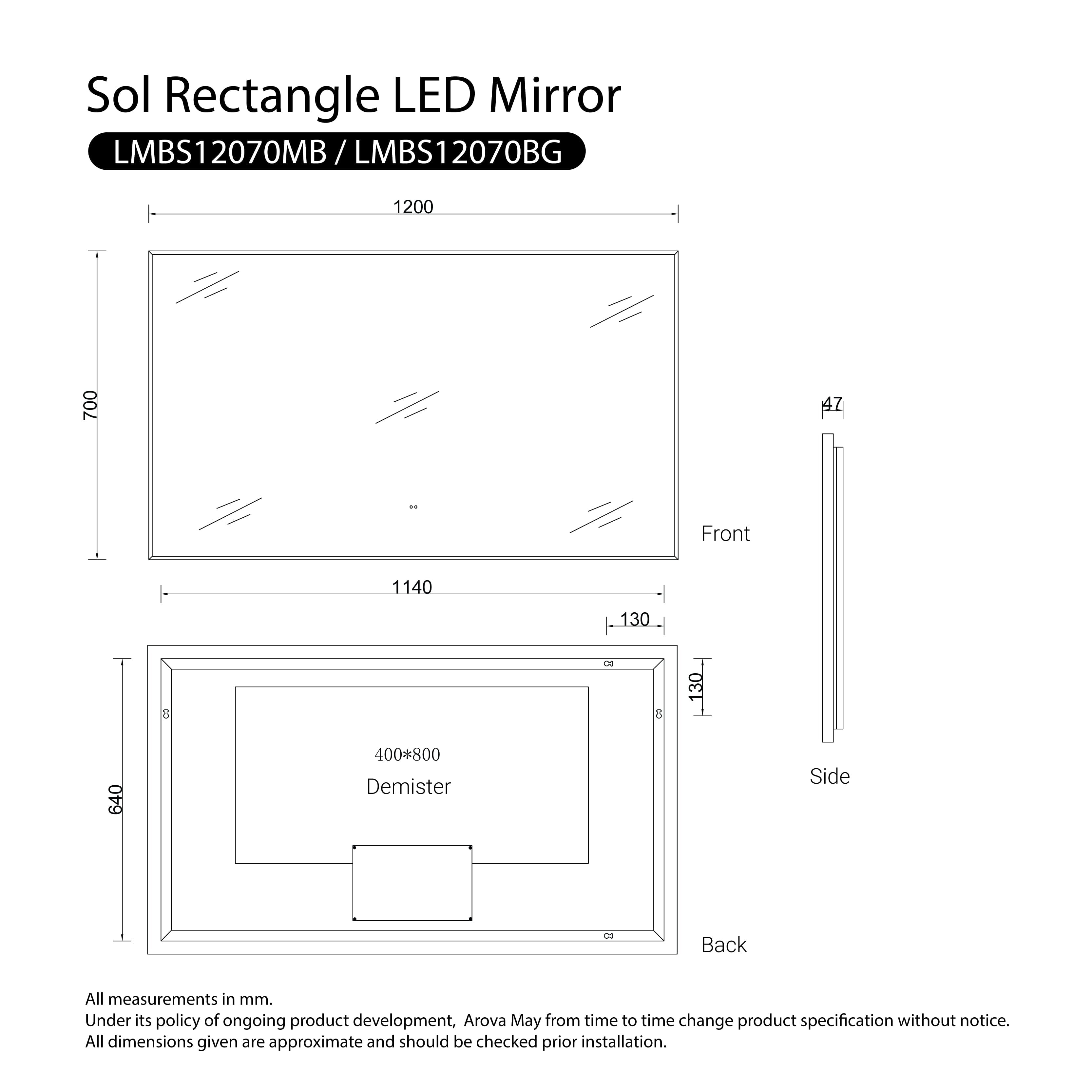 Sol Gold Frame Anti-Fog Dimmable Led Bathroom Mirror Rectangular 1200mmx700mm LED Mirror Arova 