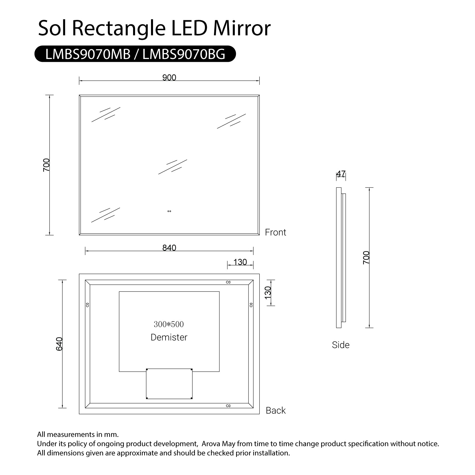 Sol Gold Frame Anti-Fog Dimmable Led Bathroom Mirror Rectangular 900mmx700mm LED Mirror Arova 